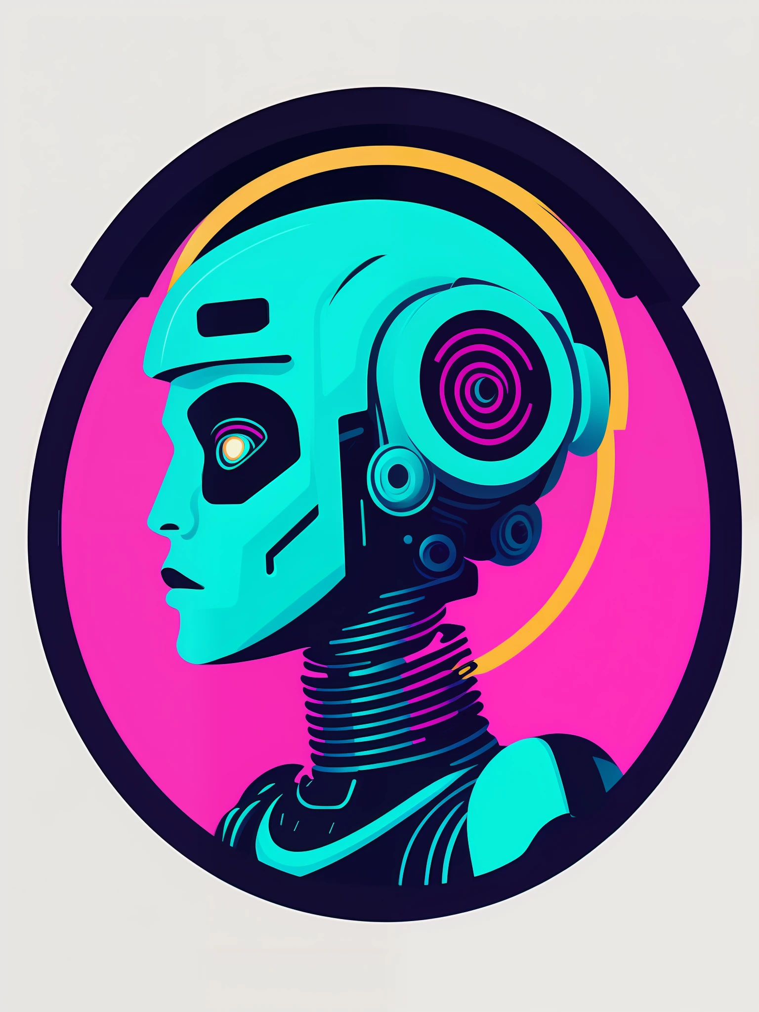 Robot android female futuristic synthwave, circular, vector logo sticker, masterpiece, sleeve pulp style, flat shading, solid background color, t-shirt design