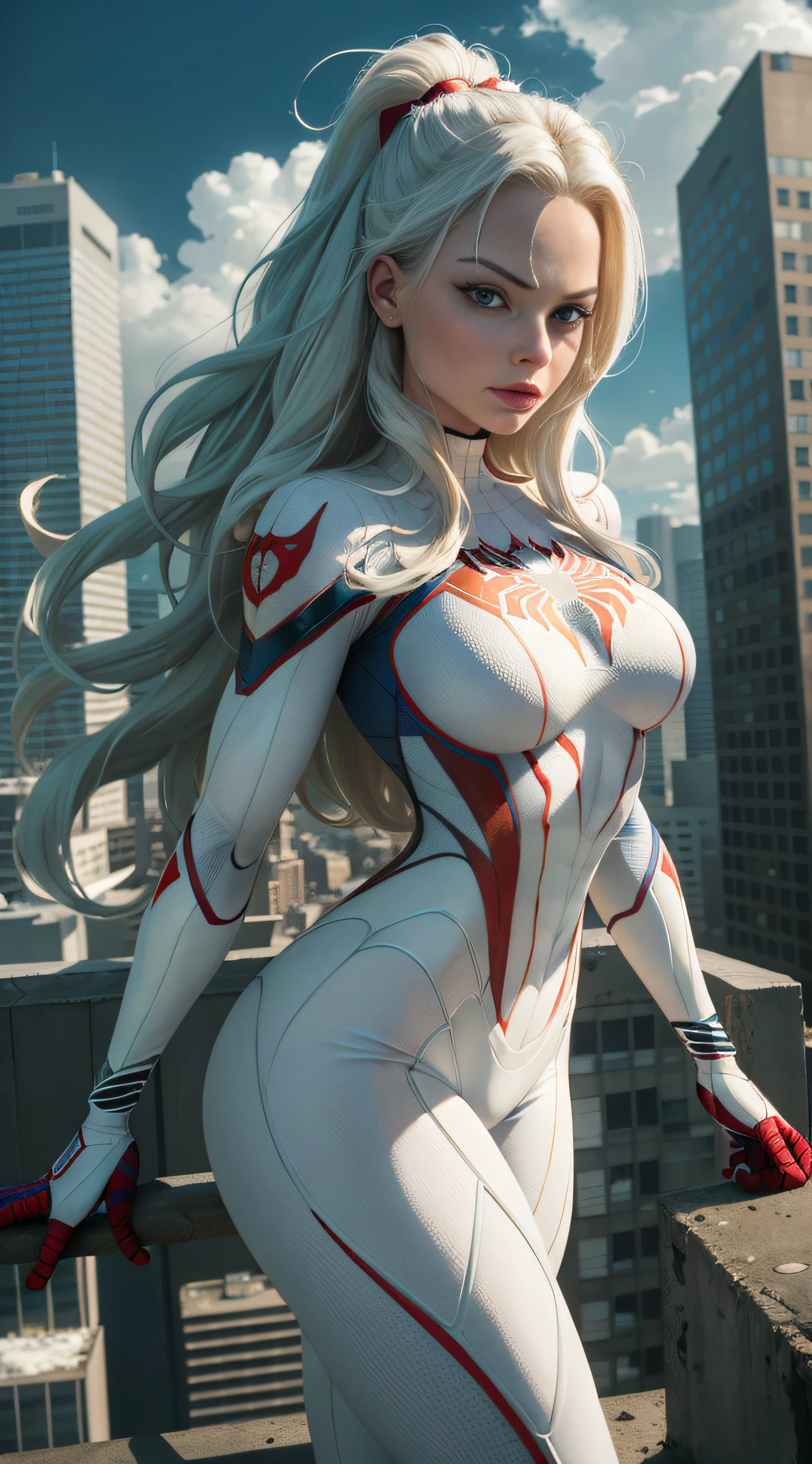 Margot Robbie (Masterpiece, 4k resolution, ultra-realistic, very detailed), (White superhero theme, charismatic, there's a girl at the top of town, wearing Spider-Man costume, she's a superhero), [ (25 years), (long white hair:1.2), full body, (blue eyes:1.2), ((Spider-Man pose),show of strength, jumping from one building to another), ((sandy urban environment):0.8)| (cityscape, at night, dynamic lights), (full moon))] # Explanation: The Prompt mainly describes a 4K painting of ultra-high definition, very realistic, very detailed. It shows a superheroine at the top of the city, wearing a Spider-Man costume. The theme in the painting is a white superhero theme, the female protagonist has long white hair, is 25 years old and her entire body is shown in the painting. In terms of portraying the actions of superheroines, spiders are employed