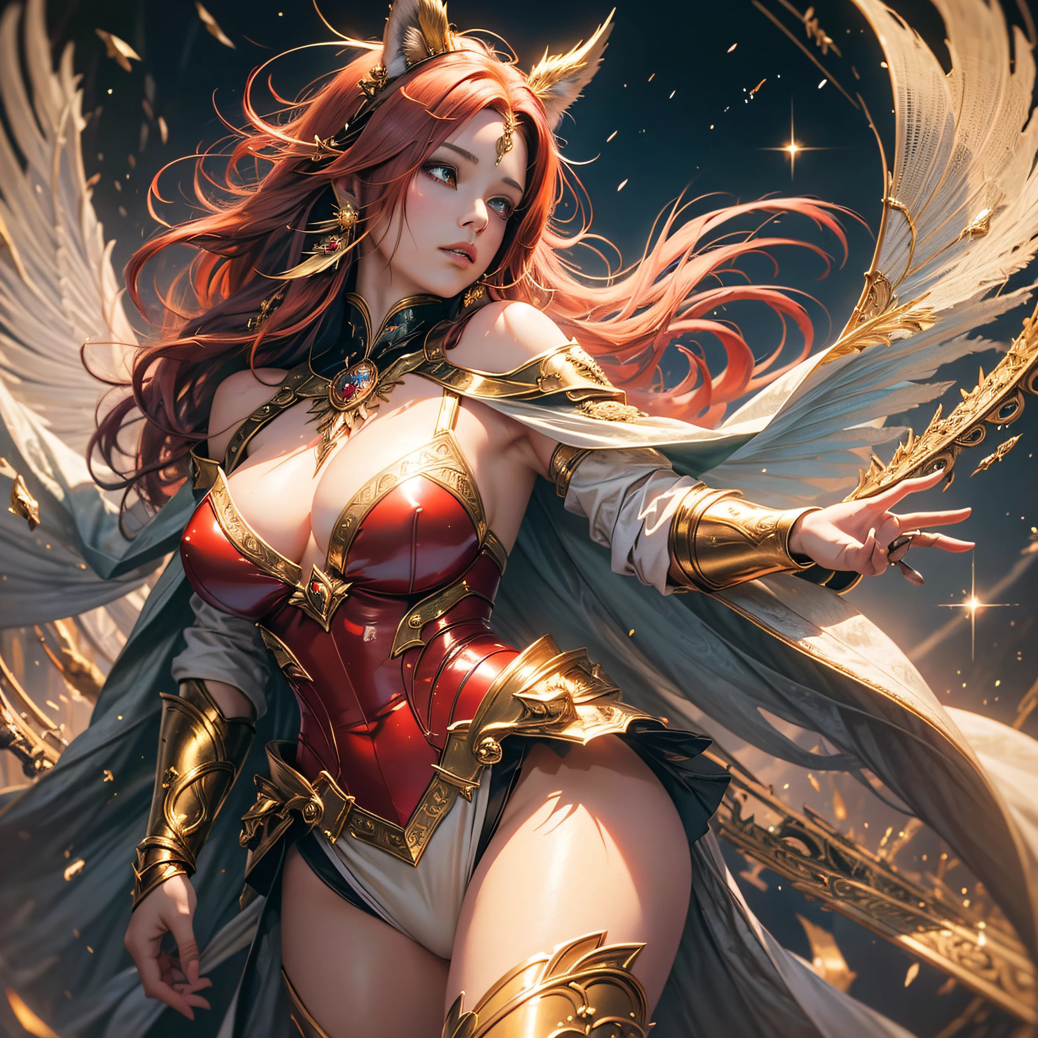 Full body Beautiful and gorgeous final fantasy style bunny and humanlike, female, (((crimson red shoulder length hair))), clean and very detailed faces and hands, intricate clothing, analogous colors, glowing shadows, beautiful gradient, depth of field, clean image, high quality, high detail, high definition, Luminous Studio graphics engine. .....Queen E is a beautiful bunny with piercing Brown eyes that sparkle with a hint of magic. Her wings are a soft, delicate shade of silver and are strong enough to carry her great distances with ease. She has a single tattoo on her left paw that represents her kingdom, the Enchant Kingdom, and is a symbol of her power and status as queen. Her aura is one of calm and serenity, as if she is at peace with the world around her. She wears a billowing green cape, embroidered with gold threads and studded with diamonds, that floats behind her as she walks. Her suit is made of a soft, shimmering silk, which is the same color as her fur. --auto --s2