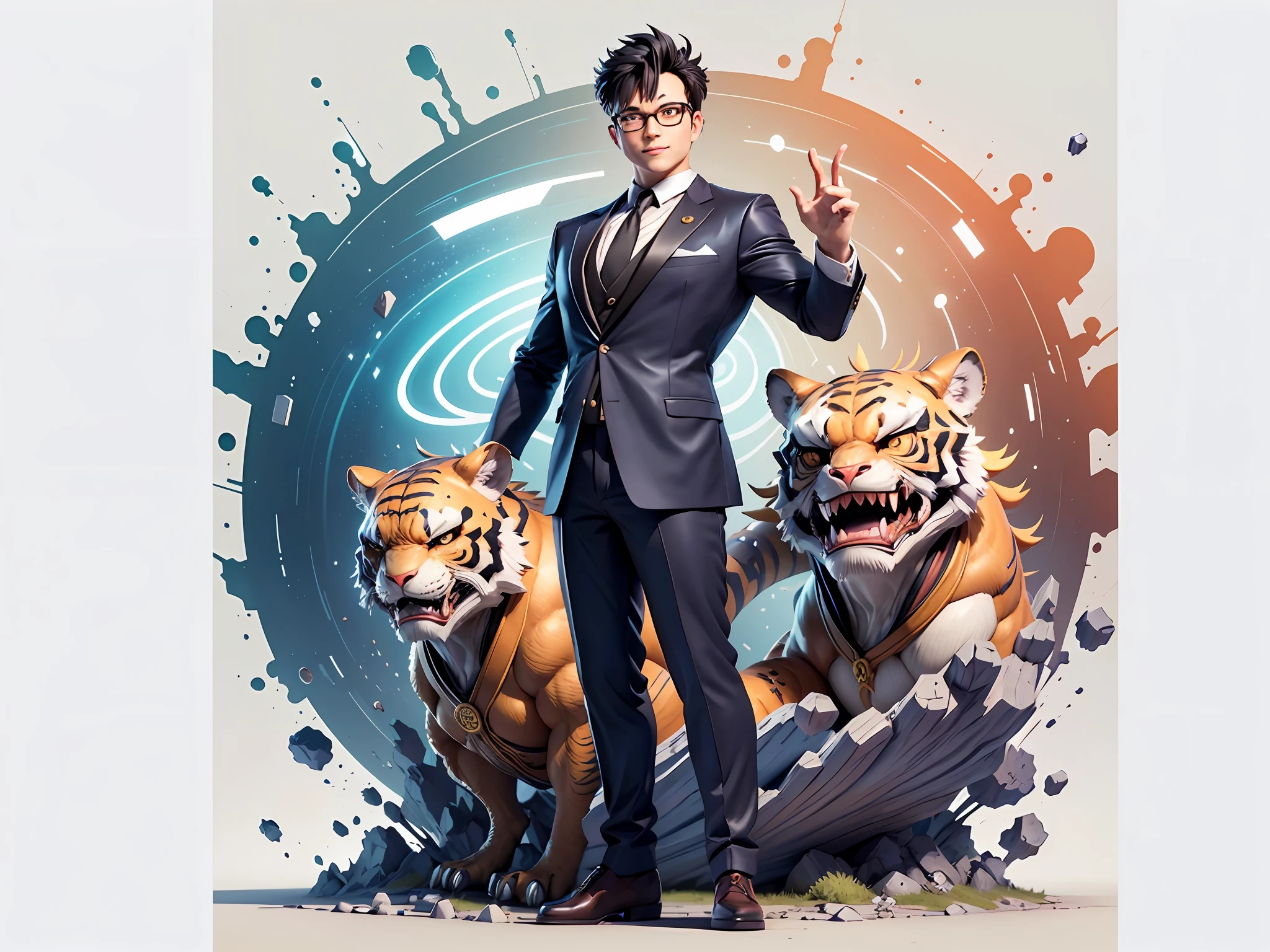 (Masterpiece), (Extreme Quality), (Super Meticulous), (Full Body: 1.2), Super Young Man, Chinese Dragon, Tiger, Wind God Thor, Sexy, Bursting, Oriental Face, TV Anchor, Bust Portrait Illustration, Black Formal Suit, Blue Tie, Slightly Chubby Face, Silver Glasses, Very Clean Face, No Beard on Chin, Black Super Short Hair, Black Eyes, Confident Smile, 3c Computer Sub-Products, iPad, iPhone, Digital Painting, 3D Character Design by Mark Claireden and Pixar and Hayao Miyazaki and Akira Toriyama, The illustration is a high-definition illustration in 4K resolution with very detailed facial features and cartoon-style visuals.