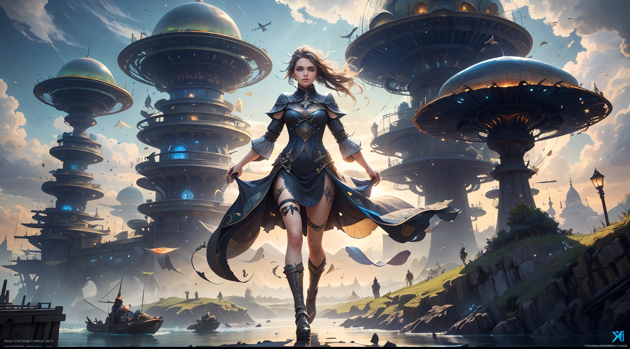 (((Multiplayer, Vivid eyes, men and women))), Best Quality, Realistic, Realistic, Award-Winning Illustrations, (Intricate Details: 1.2), (Fine Details), (Intricate Details), (Cinematic Light, Best Quality Backlight), Clear Lines, Sharp Focus, Official Art, Unity 8k Wallpaper, Ridiculous, Incredibly Absurd, Fantasy Art, RTX, ((Award-winning Triangle Studio Close-up Photo)), 1 Boy, (Shut Up), Best Quality, 4K, beautiful mysterious creatures, female, flying, surrealism, masterpiece by NCWINTERS, in a mysterious country town, masterpiece, intricate details, ff14style, urban painting, bridge, river, giant mushroom, landscape, bright colors, ((((full body image))),