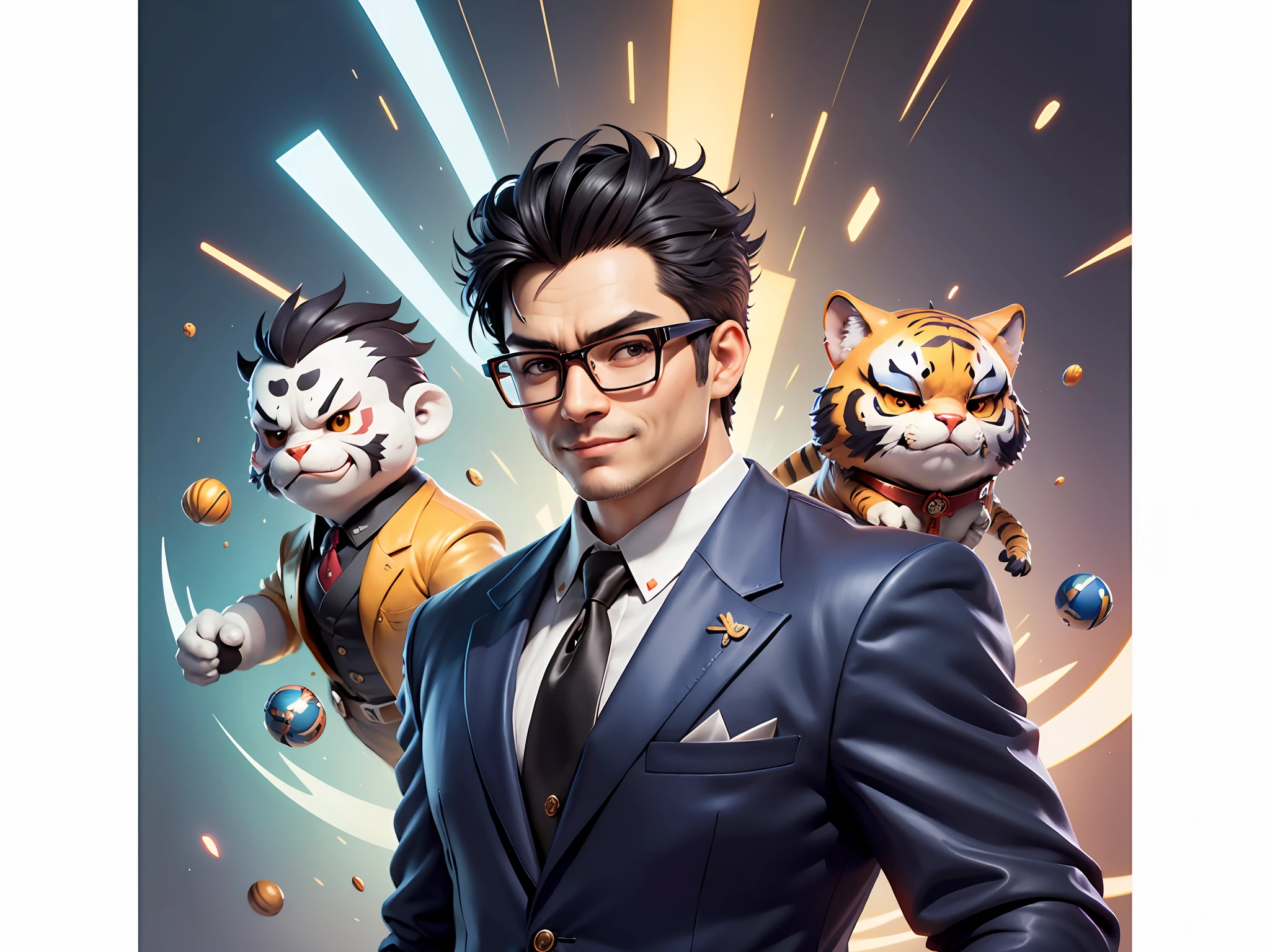 (Masterpiece), (Extreme Quality), (Super Meticulous), (Full Body: 1.2), Super Young Man, Chinese Dragon, Tiger, Wind God Thor, Sexy, Bursting, Oriental Face, TV Anchor, Bust Portrait Illustration, Black Formal Suit, Blue Tie, Slightly Chubby Face, Silver Glasses, Very Clean Face, No Beard on Chin, Black Super Short Hair, Black Eyes, Confident Smile, 3c Computer Sub-Products, iPad, iPhone, Digital Painting, 3D Character Design by Mark Claireden and Pixar and Hayao Miyazaki and Akira Toriyama, The illustration is a high-definition illustration in 4K resolution with very detailed facial features and cartoon-style visuals.