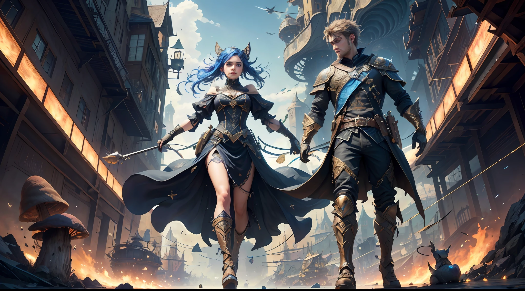(((Multiplayer, Vivid eyes, men and women))), Best Quality, Realistic, Realistic, Award-Winning Illustrations, (Intricate Details: 1.2), (Fine Details), (Intricate Details), (Cinematic Light, Best Quality Backlight), Clear Lines, Sharp Focus, Official Art, Unity 8k Wallpaper, Ridiculous, Incredibly Absurd, Fantasy Art, RTX, ((Award-winning Triangle Studio Close-up Photo)), 1 Boy, (Shut Up), Best Quality, 4K, beautiful mysterious creatures, female, flying, surrealism, masterpiece by NCWINTERS, in a mysterious country town, masterpiece, intricate details, ff14style, urban painting, bridge, river, giant mushroom, landscape, bright colors, ((((full body image))),