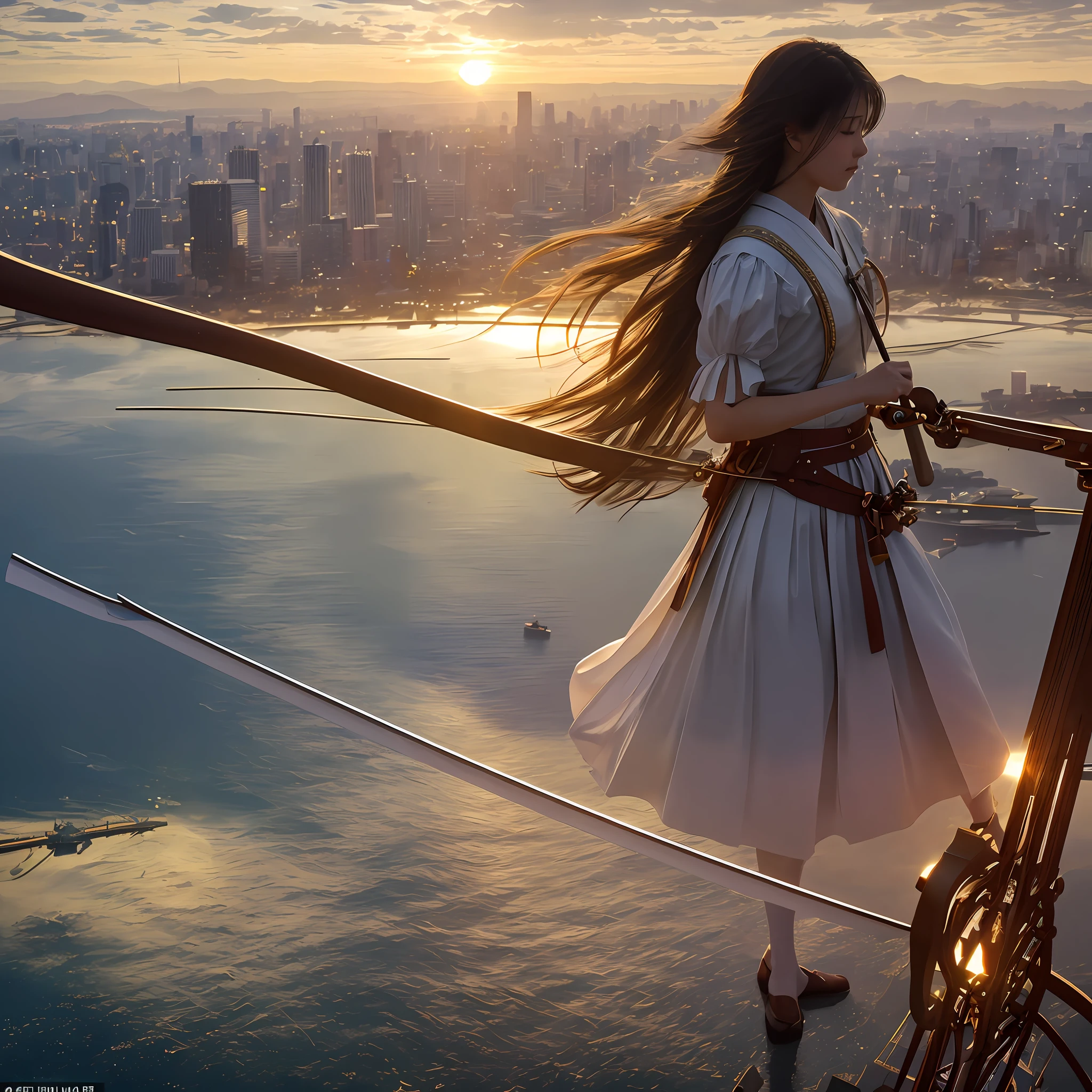Imagine a spectacular scene unfolding on an airship. An antique leather lifeline is tied to her body. The instrument facing her has white metal strings extended to the left edge of the screen. In the background, the bustling city of Tokyo, skyscrapers stretching toward the heavens. Standing on the deck is a young woman Japan 20 years old wearing a gothic lolita with a white blouse and a black skirt. In her hands, she wields a violin bow and brandishes it like a sword. Her body language is full of dynamism, as if she is moving forward, making her stand up without fear.
Opposite her stands Leonardo da Vinci, a figure from the Renaissance era. He is dressed in traditional Italian Renaissance costume, holding a large bow and poised to counter her attacks.
The air around them is alive with luminous equations and mathematical graphs, floating like a symbol of augmented reality, adding a technical and mysterious atmosphere to the scene. These equations and graphs glow and create an optical spatial effect that adds another layer of complexity to the image.
The setting sun turns the sky crimson and gold, casting long shadows and enveloping the subject in a warm light. The river below reflects the same sunset, creating a breathtaking mirror image. Majestic clouds stretch across the skyline, further enhancing the grandeur of the scene.
Night light illuminates both the women and Leonardo, highlighting their fierce duel on the airship. The sunshine creates an atmosphere of high drama and intensity at each moment captured in the golden hour. Professional lighting emphasizes her shiny skin and high-quality rendering