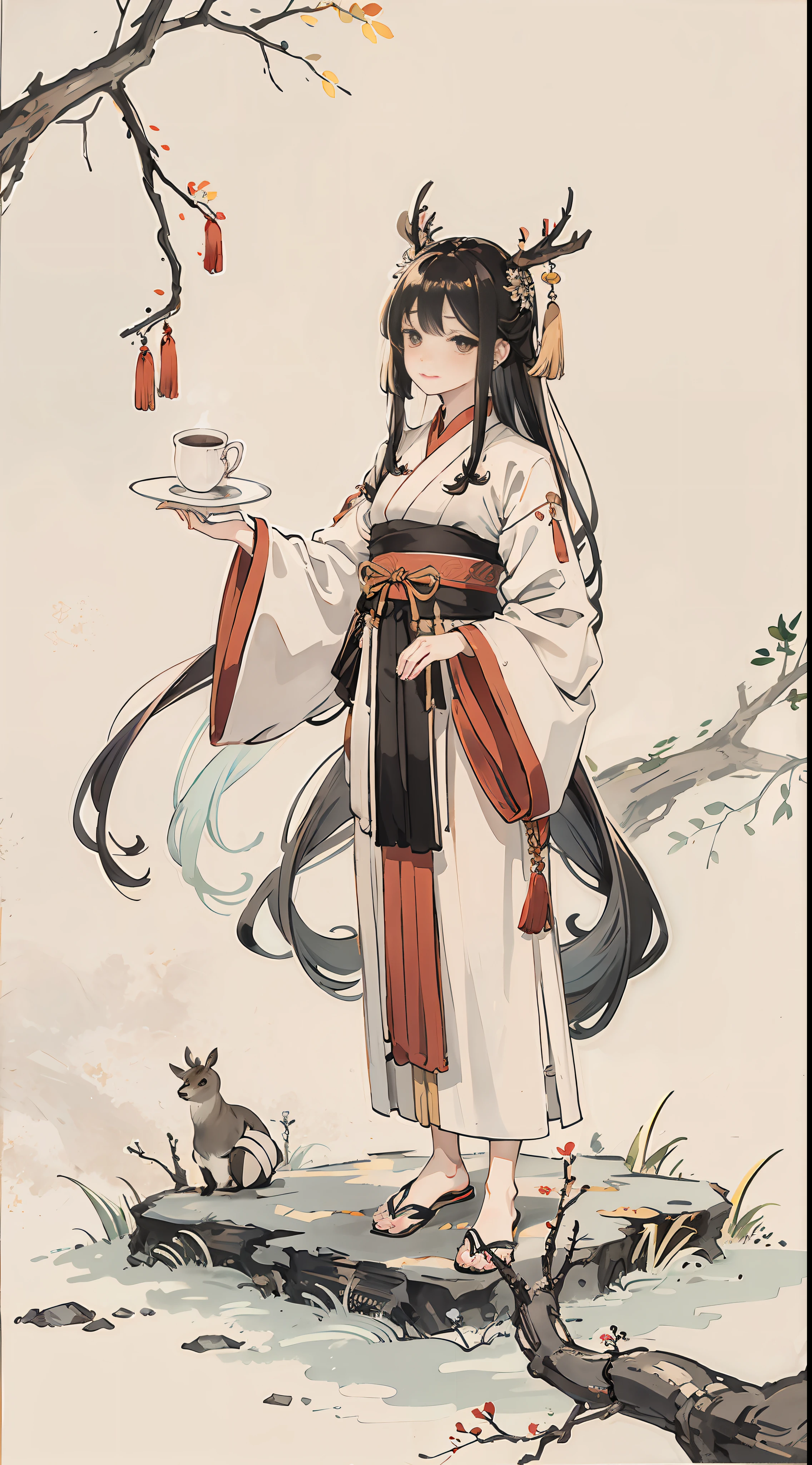 Shuk walking horse, negative space, , ink bissim, woman seated, willow branch, (masterpiece, best quality: 1.2), Chinese painting, model style, looking at the audience, wearing long hanfu, hanfu, song, background willow, masterpiece, best quality, high resolution, high image quality, high definition, rich detail, white space, right fingers, right toes, mockery, contempt, sika deer makeup, golden, cute, feet in the air