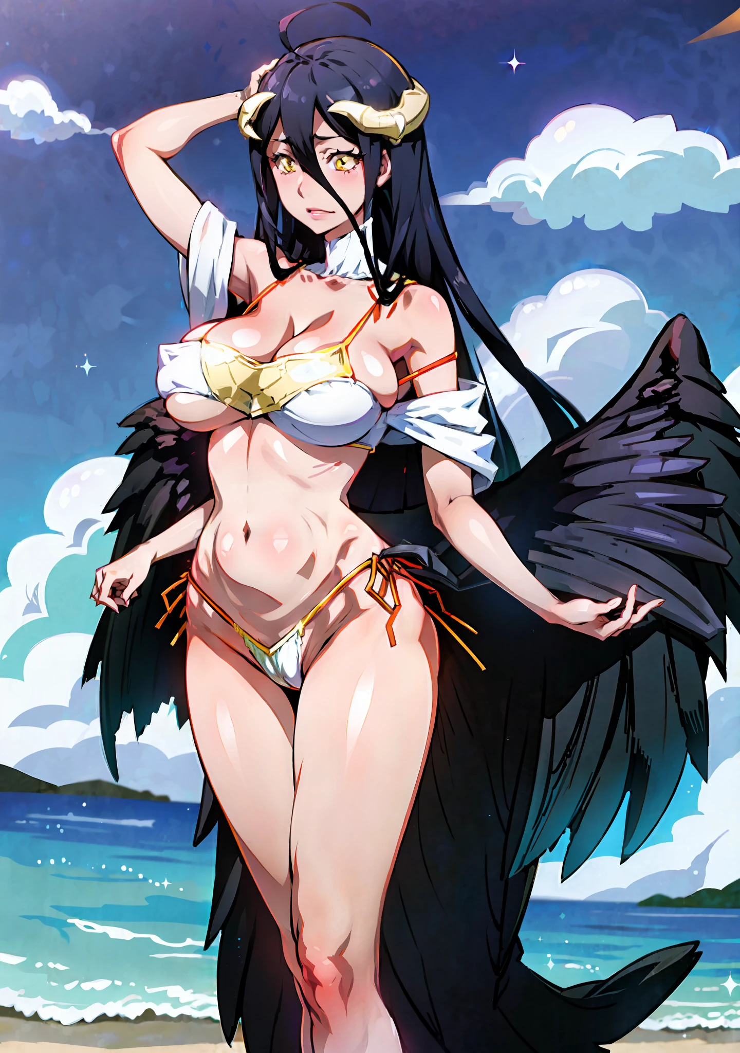 Overlord Albedo in a bikini with a star in the background, Albedo, Overlod Albedo, costume: Bikini, bikini, in a bikini, in a bikini, swimsuit, full body:: Sunny Weather::, Marin Kitagawa fanart,seductive anime girl, Joy Ride art style, cat eyes, fit body, gynoid body, perfect body, big breasts, Ilya Kuvshinov, Anime Moe Artstyle, On the beach, realistic bikini,
