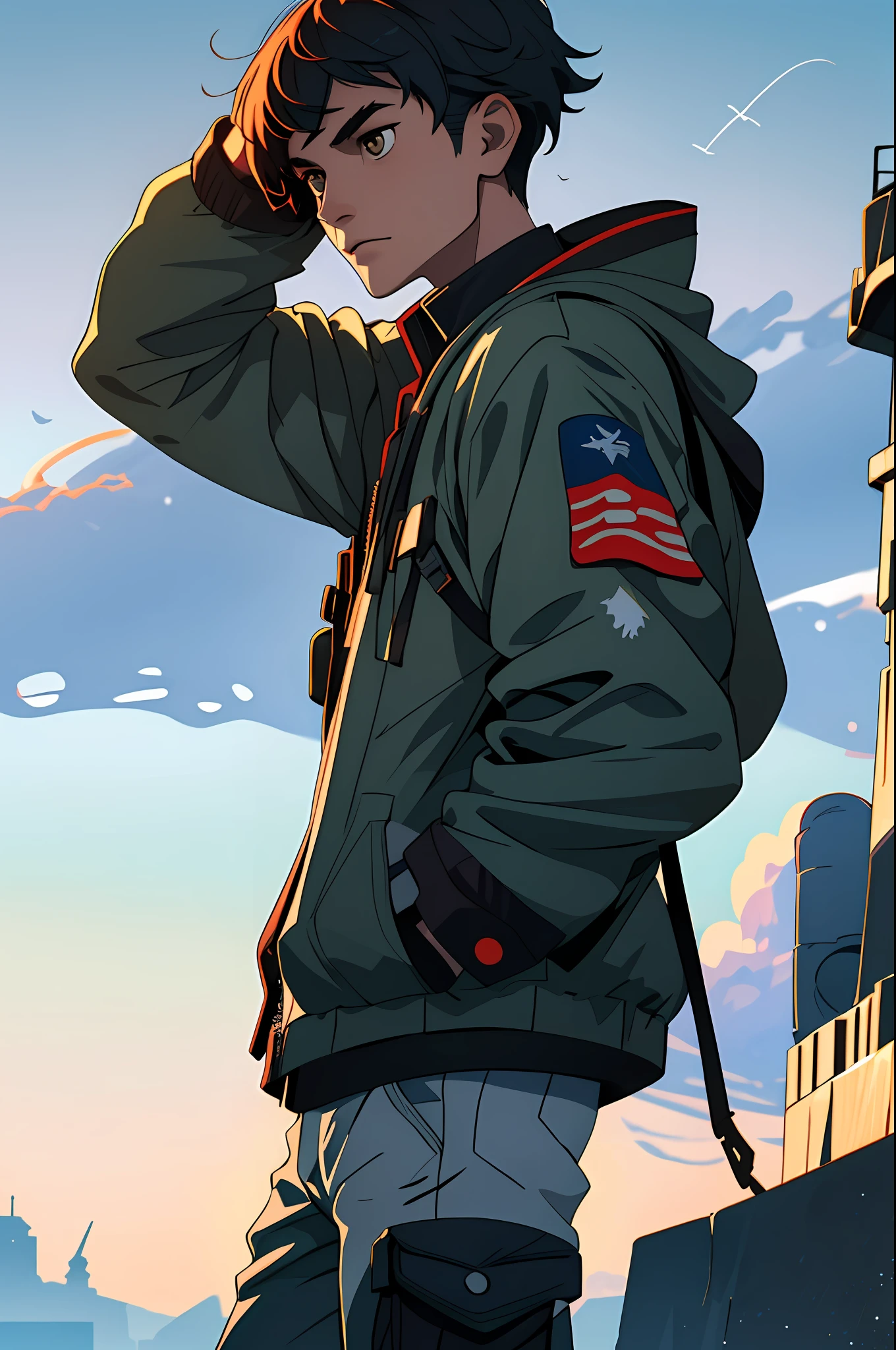 (best quality, masterpiece), 1boy, overcast sky, sunlight, ships in the sky, high quality, particles, counterpart, alternative hairstyle, military clothing