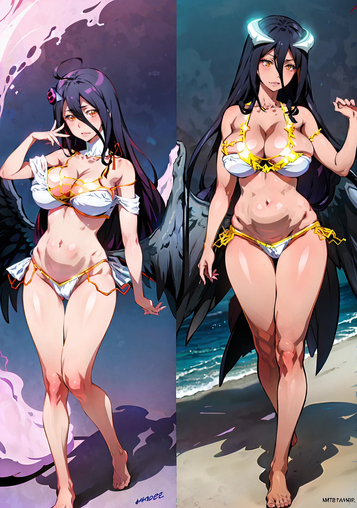 Overlord Albedo in a bikini with a star in the background, Albedo, Overlod Albedo, costume: Bikini, bikini, in a bikini, in a bikini, swimsuit, full body:: Sunny Weather::, Marin Kitagawa fanart,seductive anime girl, Joy Ride art style, cat eyes, fit body, gynoid body, perfect body, big breasts, Ilya Kuvshinov, Anime Moe Artstyle,  On the beach, realistic bikini,