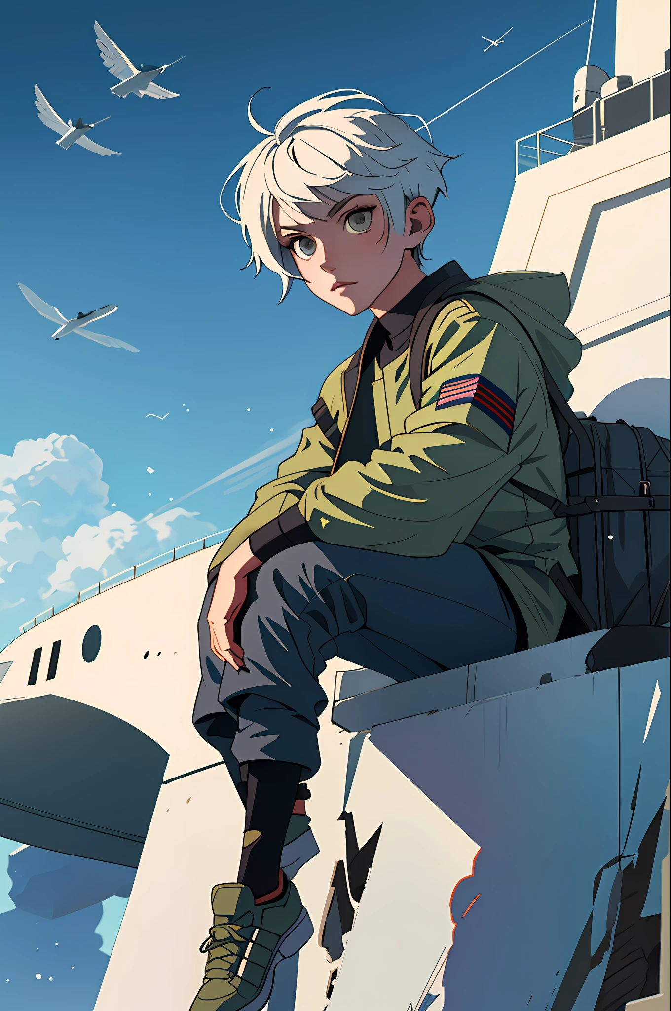 (best quality, masterpiece), 1boy, overcast sky, sunlight, ships in the sky, high quality, particles, counterpart, alternative hairstyle, military clothing