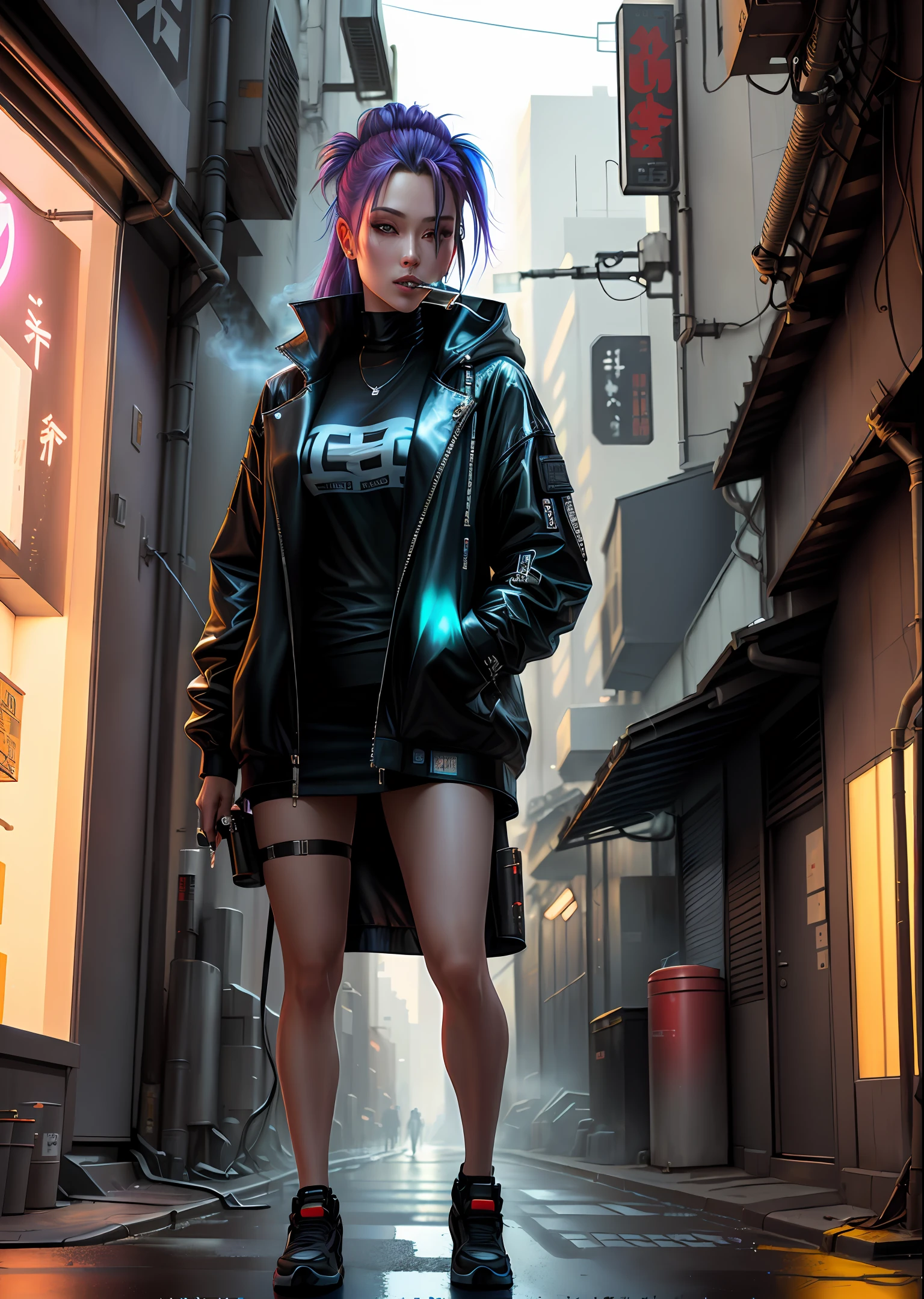 Ultra realistic photo of Angelina July, with clothes, CyberPunk, alley, Tokyo, having a drink and smoking a cigarette