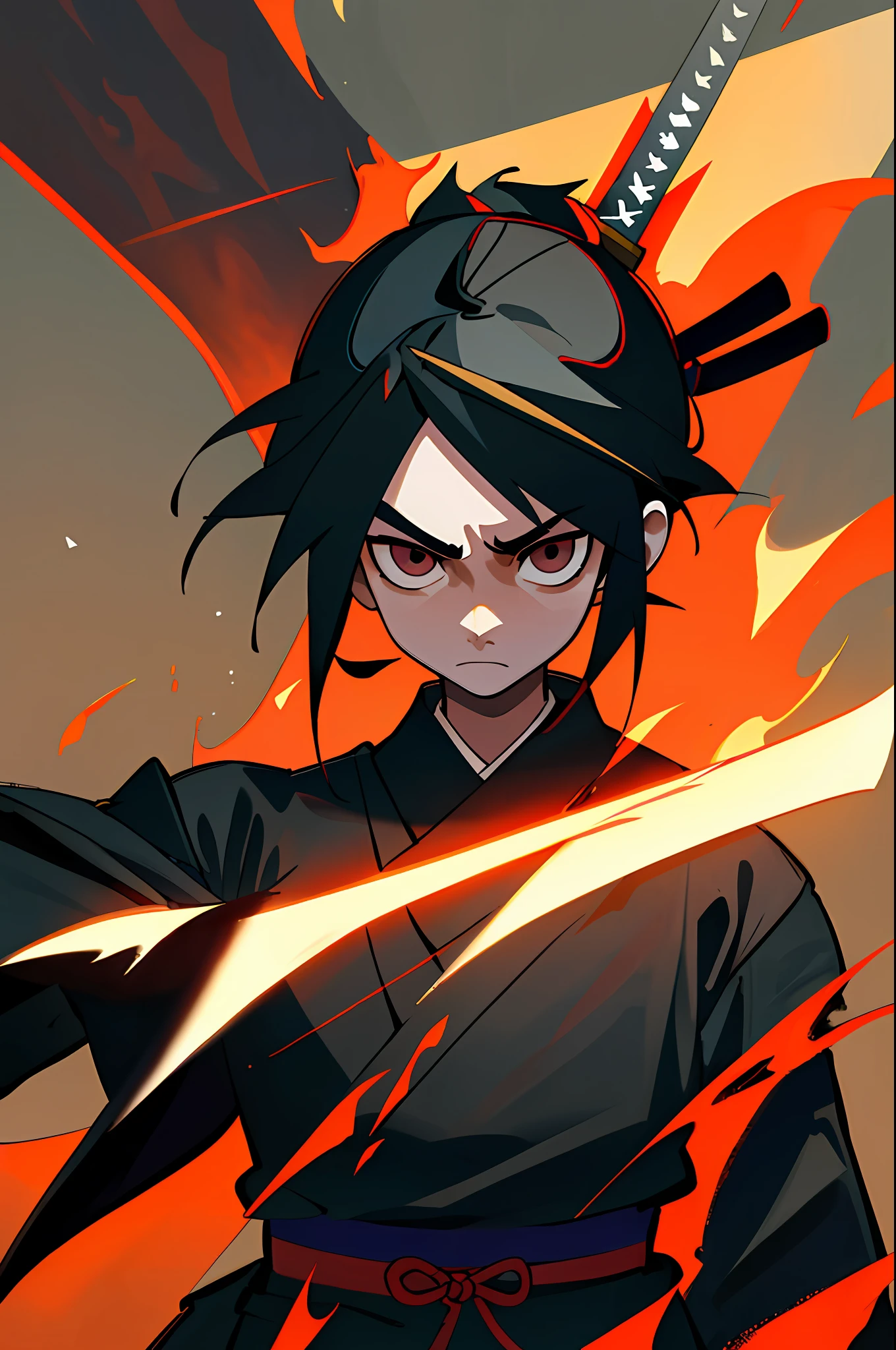(best quality, masterpiece), samurai, sword, particles, upper body,, dark eyes, sword on back, samurai clothing