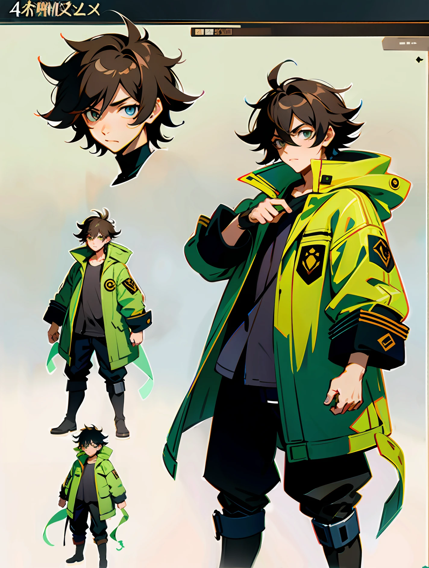 A young boy with dubious look, 2d concept art, anime concept art, detailed concept art. Modern boots, messy hair, jacket up to the cuffs.