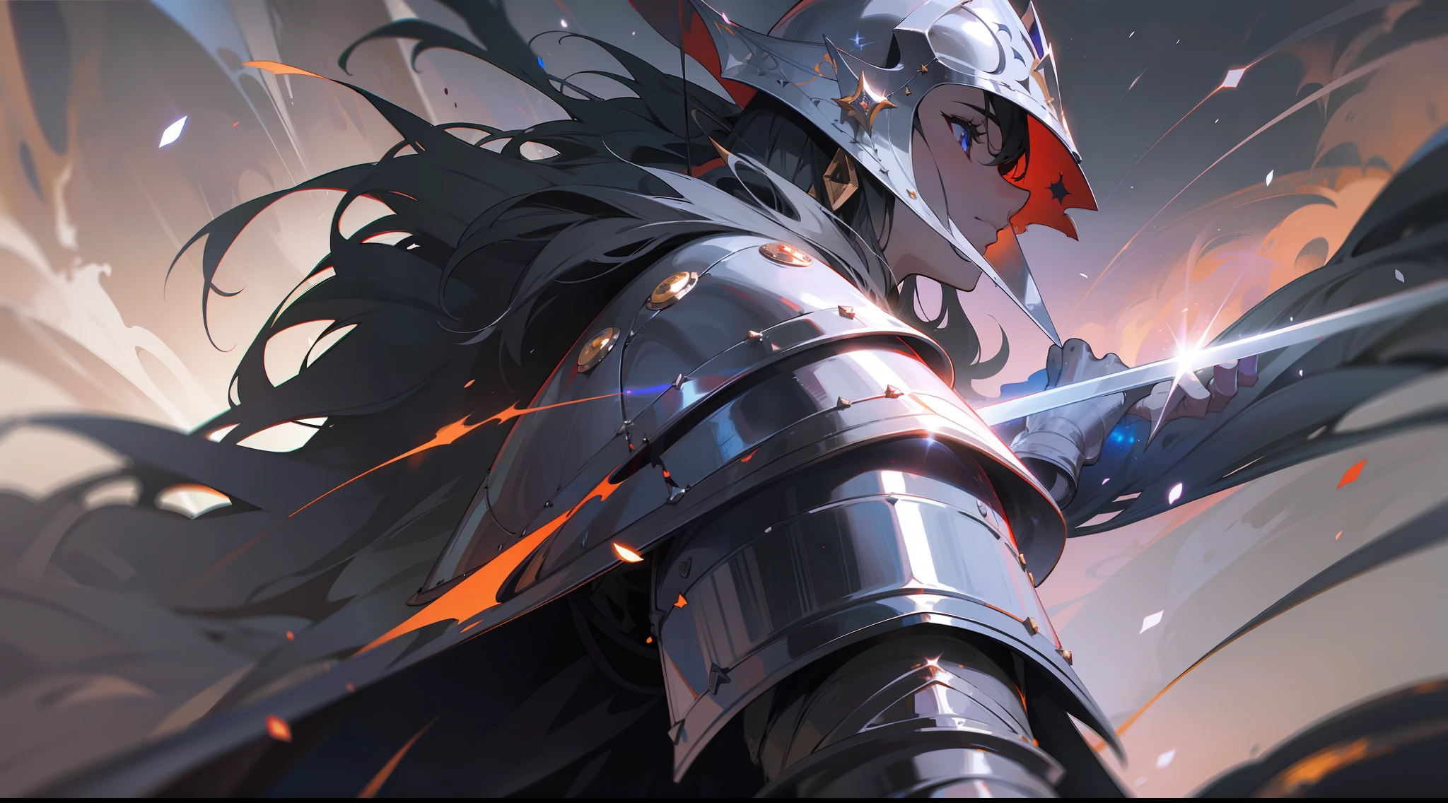 Crazy Rage Medieval Knight of Light, detailed armor, detailed helmet, detailed sword, mysterious dark gem in armor, cosmic black hole background, horror, mist, shadow smoke, dark environment, dark aura