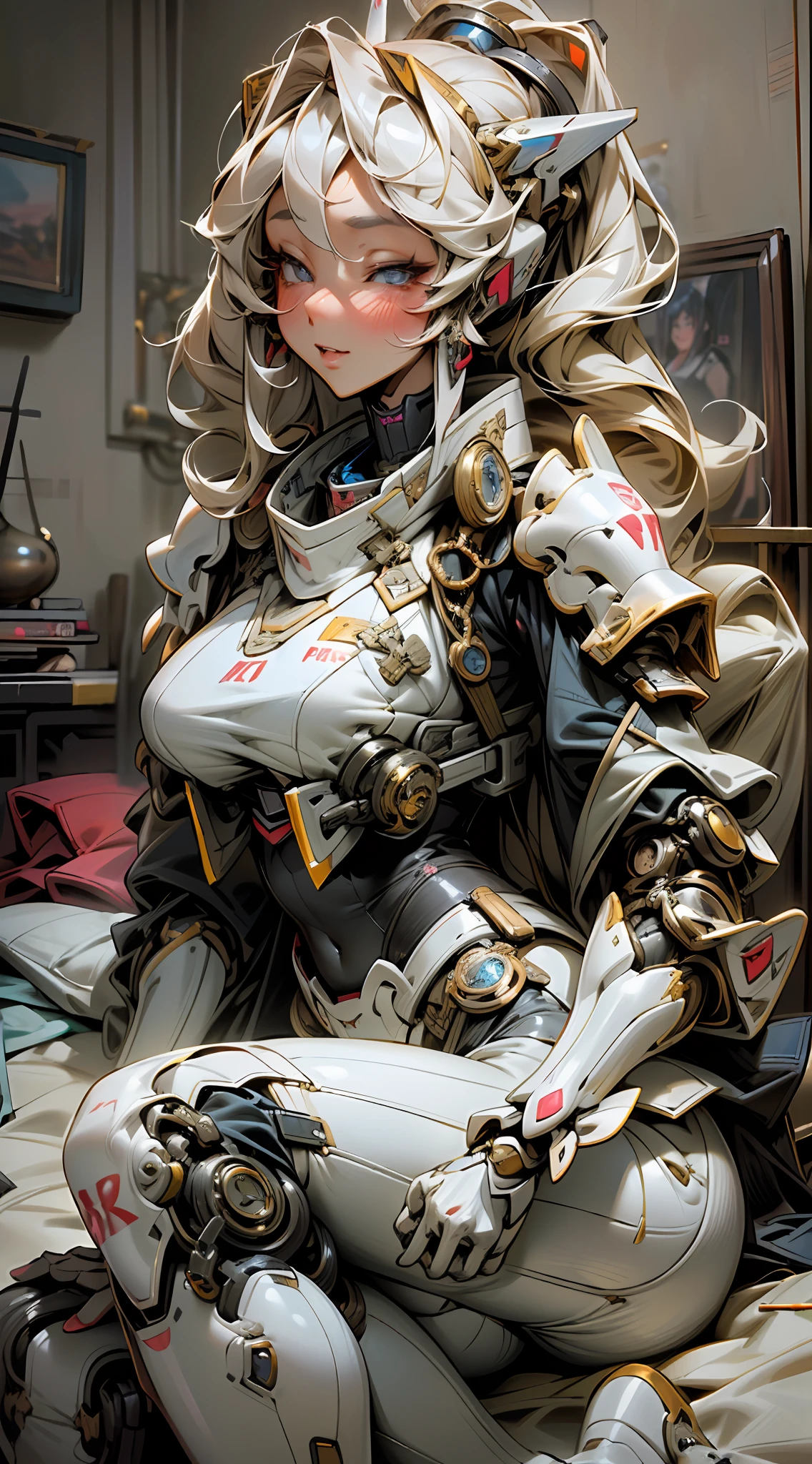 (Best Quality, 8k, 32k, Masterpiece, UHD:1.3), (Photo of Attractive Japanese Woman), 1 Girl, ((Big Boobs:1.4)), (long wavy hair), Abs, Perfect Body, Ultra Detailed Face, Detailed Lips, Fine Eyes, double eyelids, pajamas, on the bed, (seductive), ((aroused:1.5)), ((areolae slip)), ((in heat)), ((milf)) sexy girl, busty, beautiful asian girl, gorgeous chinese model, jaw-dropping beauty, girl in mecha cyber armor, ferra white mecha, female mecha, mechanized valkyrie girl, beutiful white girl cyborg, armor girl, clothed in sci-fi military armor, scifi woman, in white futuristic armor, gorgeous female paladin, mechanized soldier girl