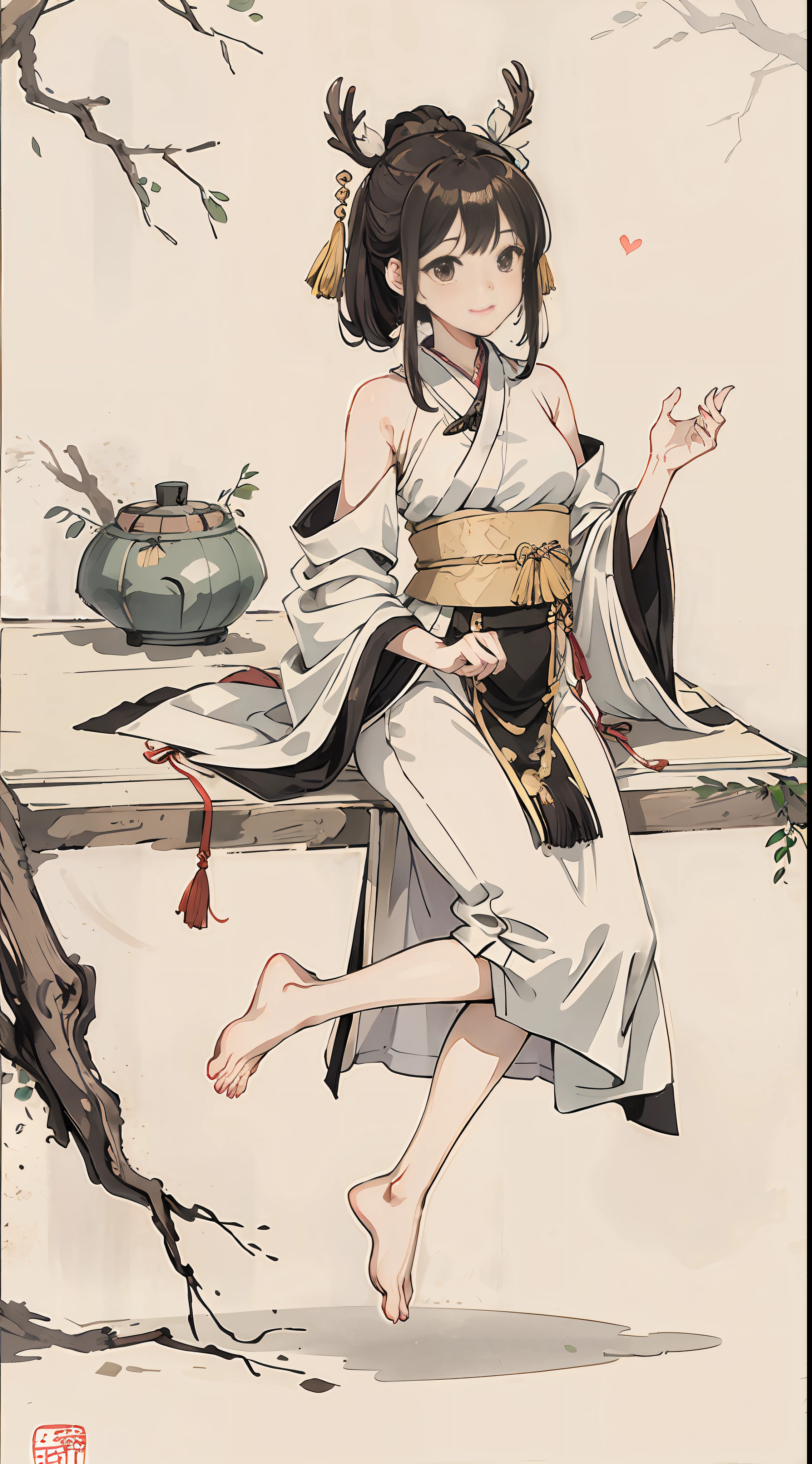 Shuk walking horse, negative space, , ink bissim, woman seated, willow branch, (masterpiece, best quality: 1.2), Chinese painting, model style, looking at the audience, wearing long hanfu, hanfu, song, background willow, masterpiece, best quality, high resolution, high image quality, high definition, rich detail, white space, right fingers, right toes, mockery, contempt, sika deer makeup, golden, cute, feet in the air