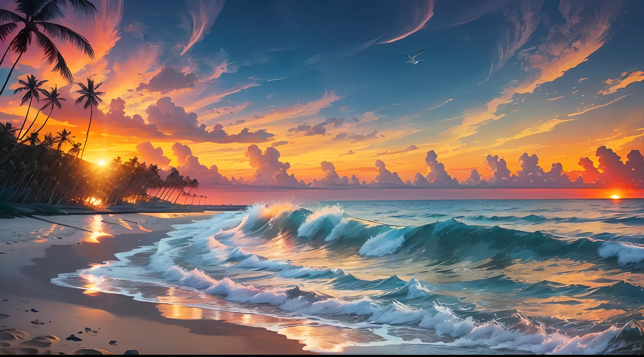 An absolutely mesmerizing sunset over an unspoiled beach, with a mix of oranges, pinks and yellows filling the sky. The crystal clear waters of the sea gently kiss the shore, with a white sandy beach stretching far and wide. The scene is dynamic and breathtaking, with seagulls flying high in the sky and palm trees gently swaying. Enjoy the relaxing atmosphere and let the peace flood you. --auto --s2