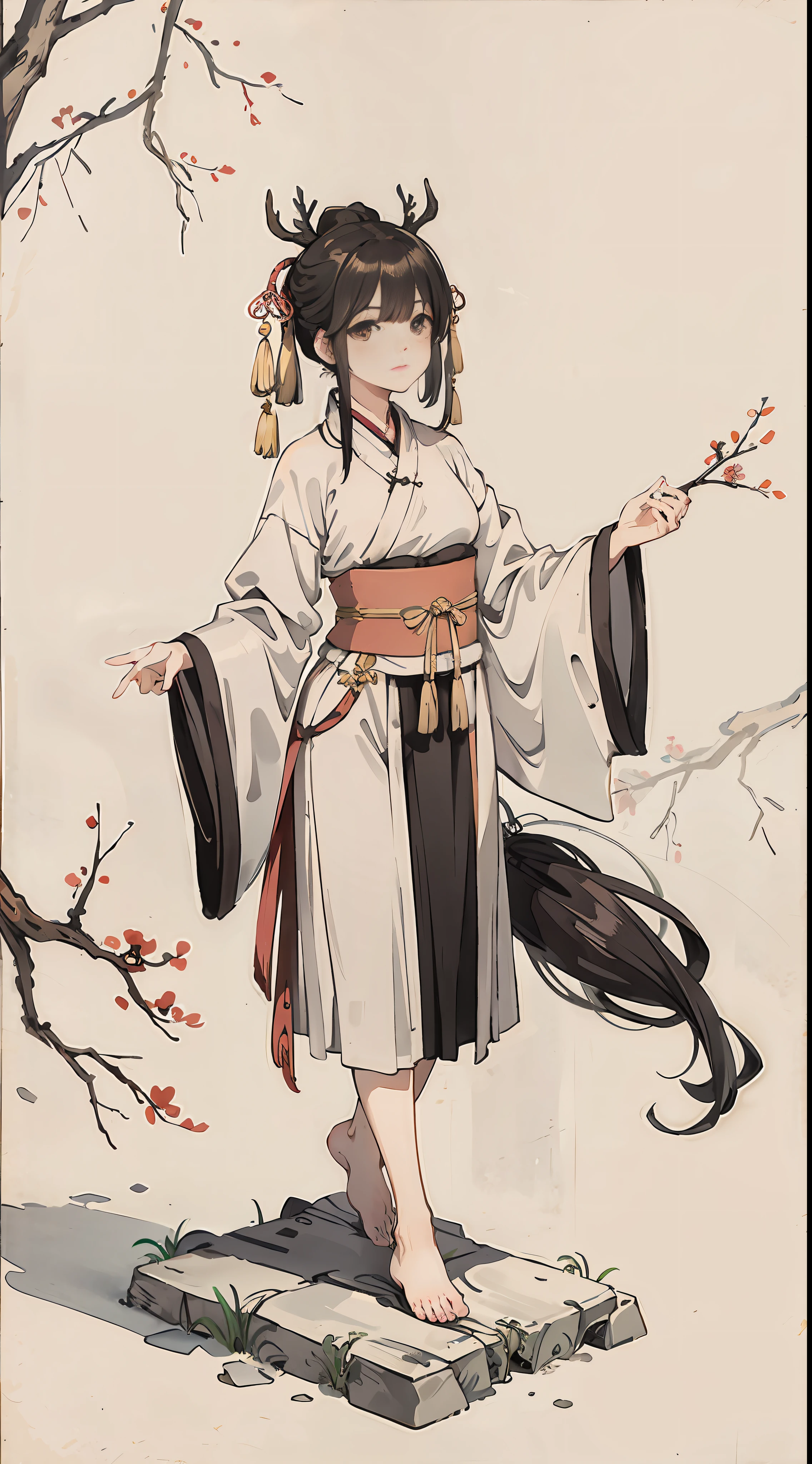 Shuk walking horse, negative space, , ink bissim, woman seated, willow branch, (masterpiece, best quality: 1.2), Chinese painting, model style, looking at the audience, wearing long hanfu, hanfu, song, background willow, masterpiece, best quality, high resolution, high image quality, high definition, rich detail, white space, right fingers, right toes, mockery, contempt, sika deer makeup, golden, cute, feet in the air