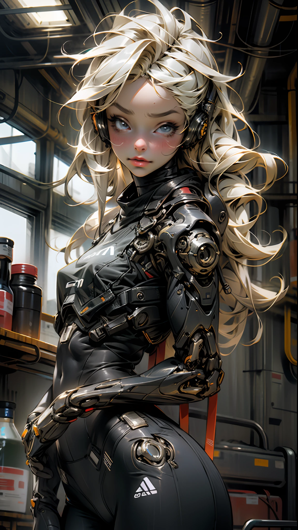 Beautiful cybernetic girl looking at camera underwear detailed muscles realistic masterpiece