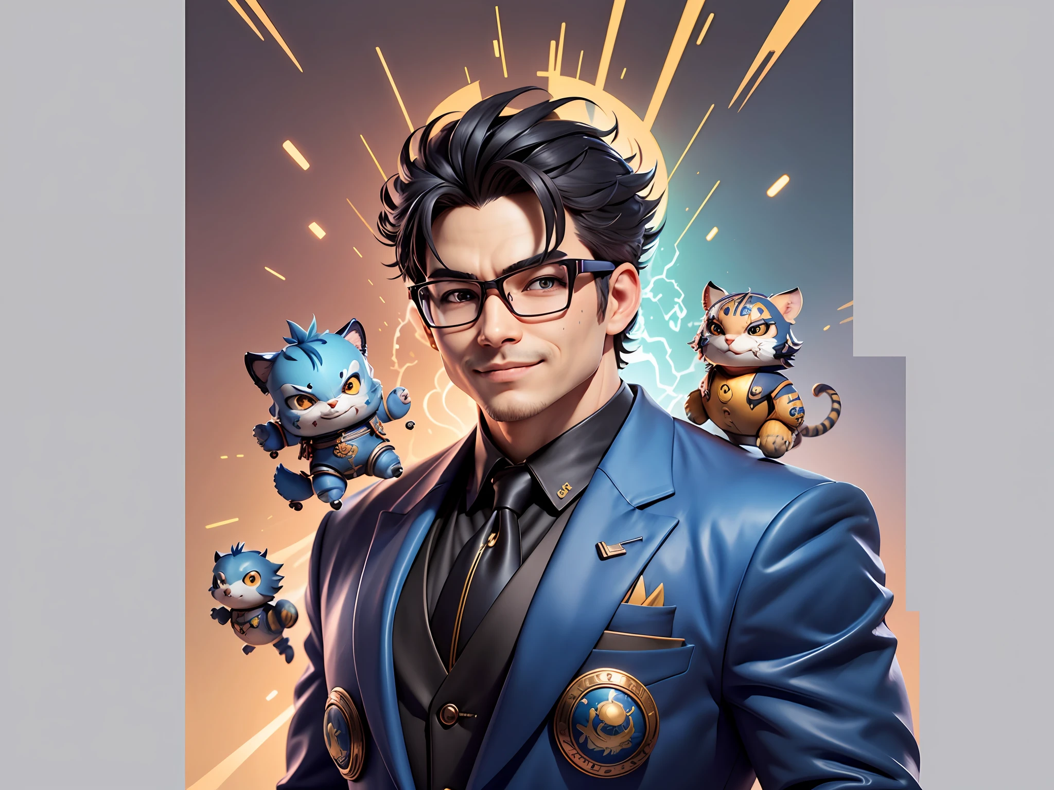 (Masterpiece), (Extreme Quality), (Super Meticulous), (Full Body: 1.2), Super Young Man, Chinese Dragon, Tiger, Wind God Thor, , Bursting, Oriental Face, TV Anchor, Bust Portrait Illustration, Black Formal Suit, Blue Tie, Slightly Chubby Face, Silver Glasses, Very Clean Face, No Beard on Chin, Black Super Short Hair, Black Eyes, Confident Smile, 3c Computer Sub-Products, iPad, iPhone, Digital Painting, 3D Character Design by Mark Claireden and Pixar and Hayao Miyazaki and Akira Toriyama, The illustration is a high-definition illustration in 4K resolution with very detailed facial features and cartoon-style visuals.