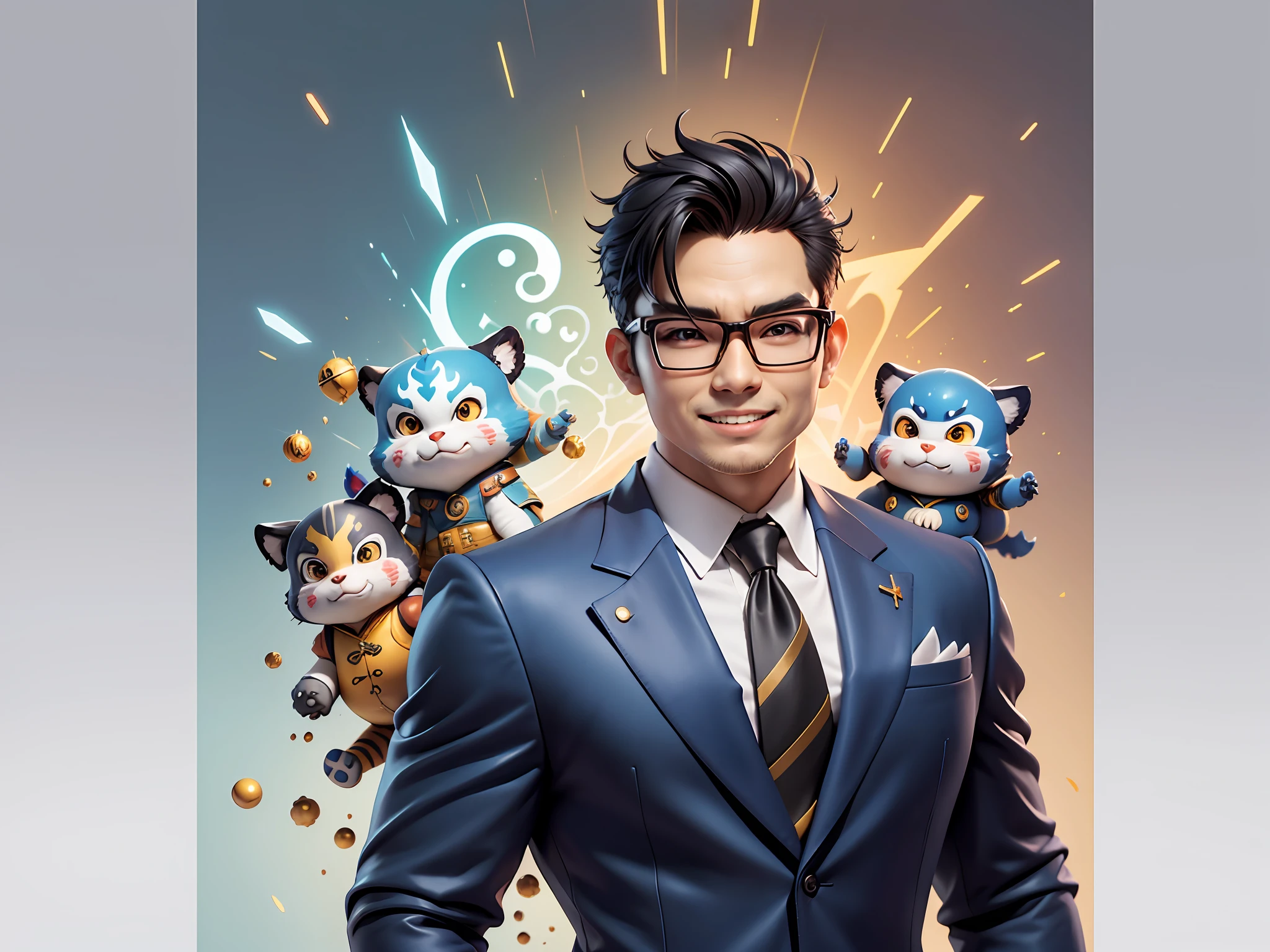 (Masterpiece), (Extreme Quality), (Super Meticulous), (Full Body: 1.2), Super Young Man, Chinese Dragon, Tiger, Wind God Thor, Sexy, Bursting, Oriental Face, TV Anchor, Bust Portrait Illustration, Black Formal Suit, Blue Tie, Slightly Chubby Face, Silver Glasses, Very Clean Face, No Beard on Chin, Black Super Short Hair, Black Eyes, Confident Smile, 3c Computer Sub-Products, iPad, iPhone, Digital Painting, 3D Character Design by Mark Claireden and Pixar and Hayao Miyazaki and Akira Toriyama, The illustration is a high-definition illustration in 4K resolution with very detailed facial features and cartoon-style visuals.