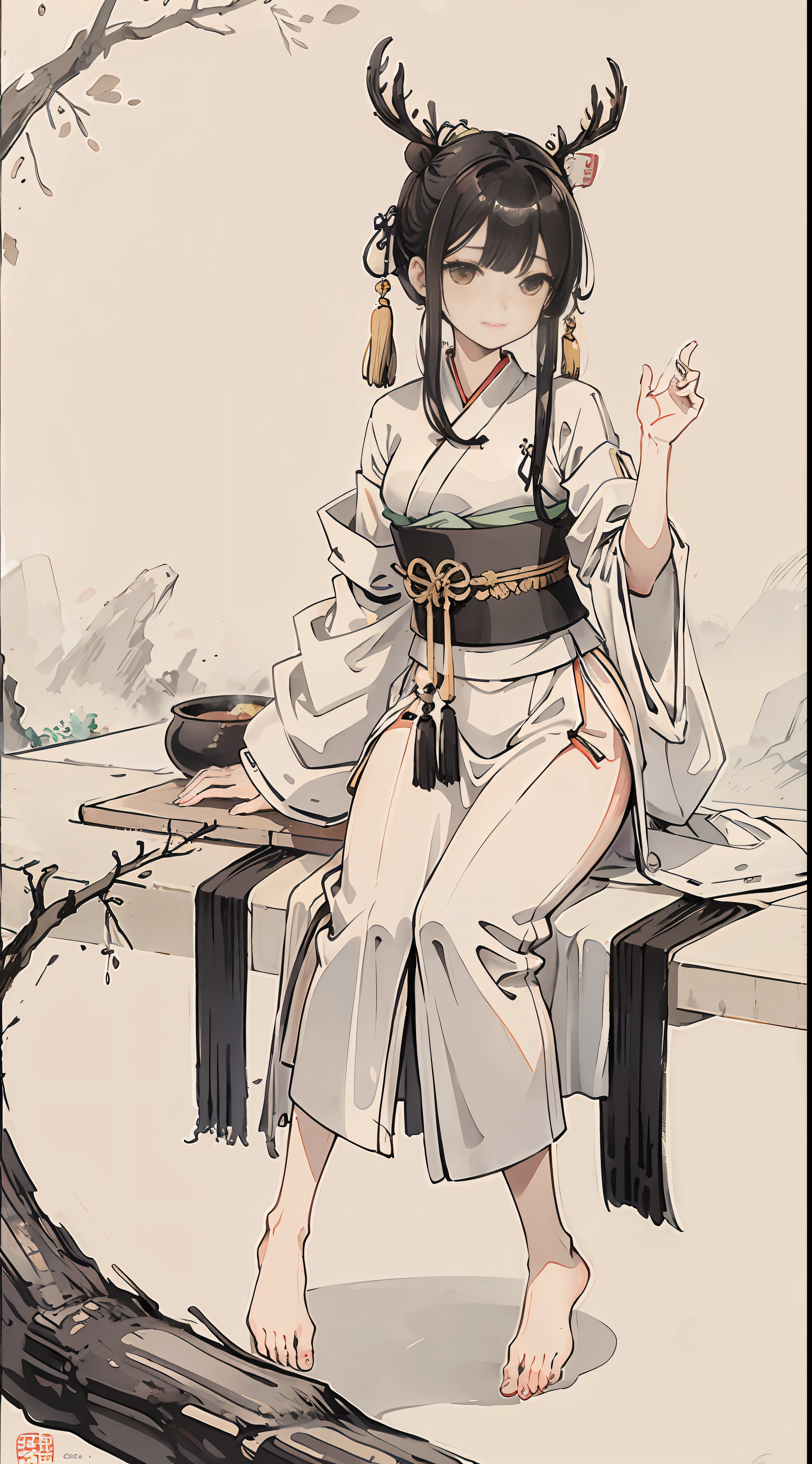 Shuk walking horse, negative space, , ink bissim, woman seated, willow branch, (masterpiece, best quality: 1.2), Chinese painting, model style, looking at the audience, wearing long hanfu, hanfu, song, background willow, masterpiece, best quality, high resolution, high image quality, high definition, rich detail, white space, right fingers, right toes, mockery, contempt, sika deer makeup, golden, cute, feet in the air