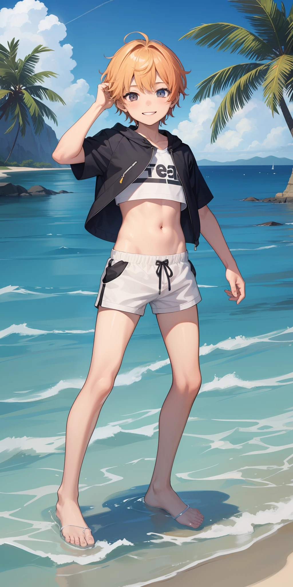 1boy, HD, full body view, short stature, petite male, beach, swimming in the sea, shiny shorts, smile,