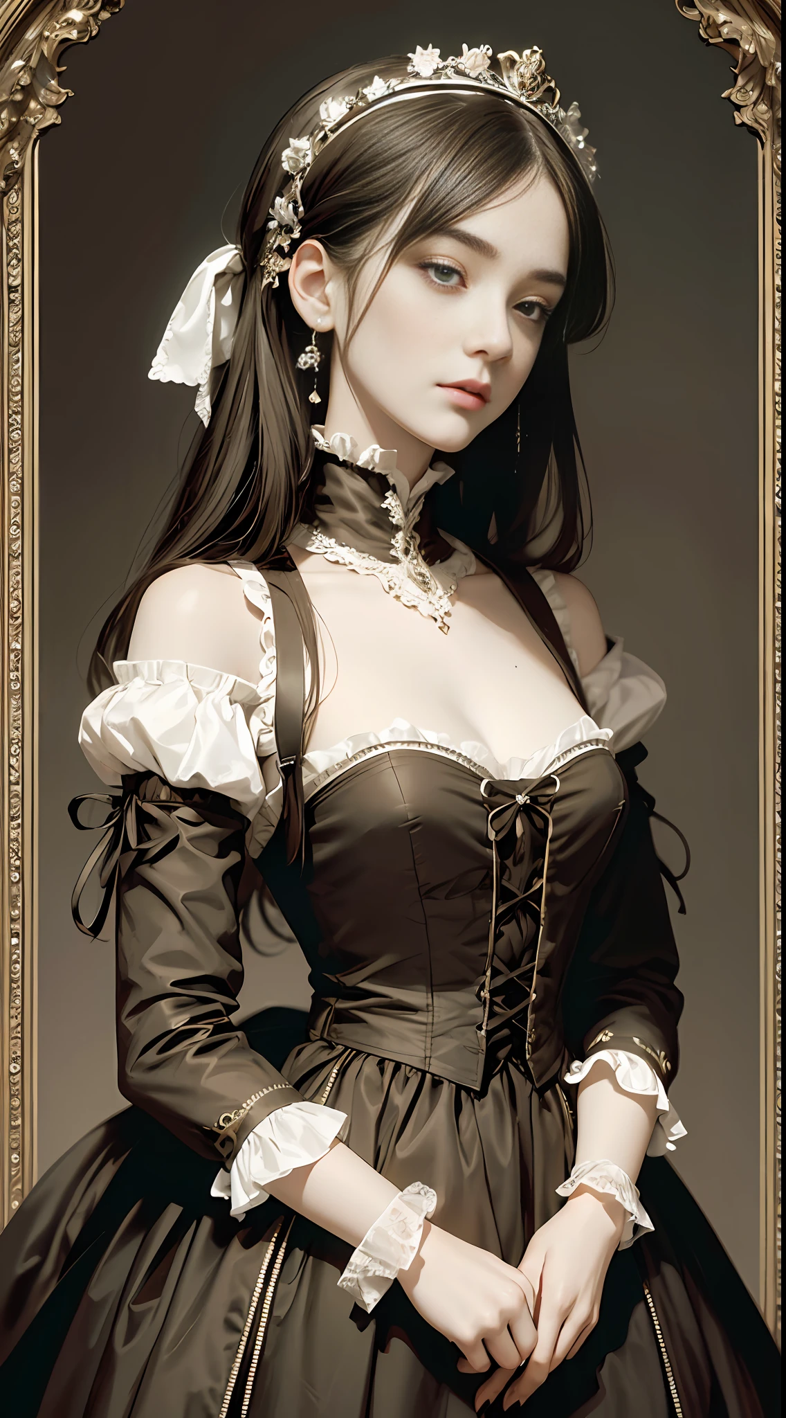 (Pure Color: 0.9), (Color: 1.1), (Masterpiece: 1,2), Best Quality, Masterpiece, High Resolution, Original, Highly Detailed Wallpaper, Beauty, Victorian, Dress, Sad, Small Face, Big Breasts, Sepia --auto --s2