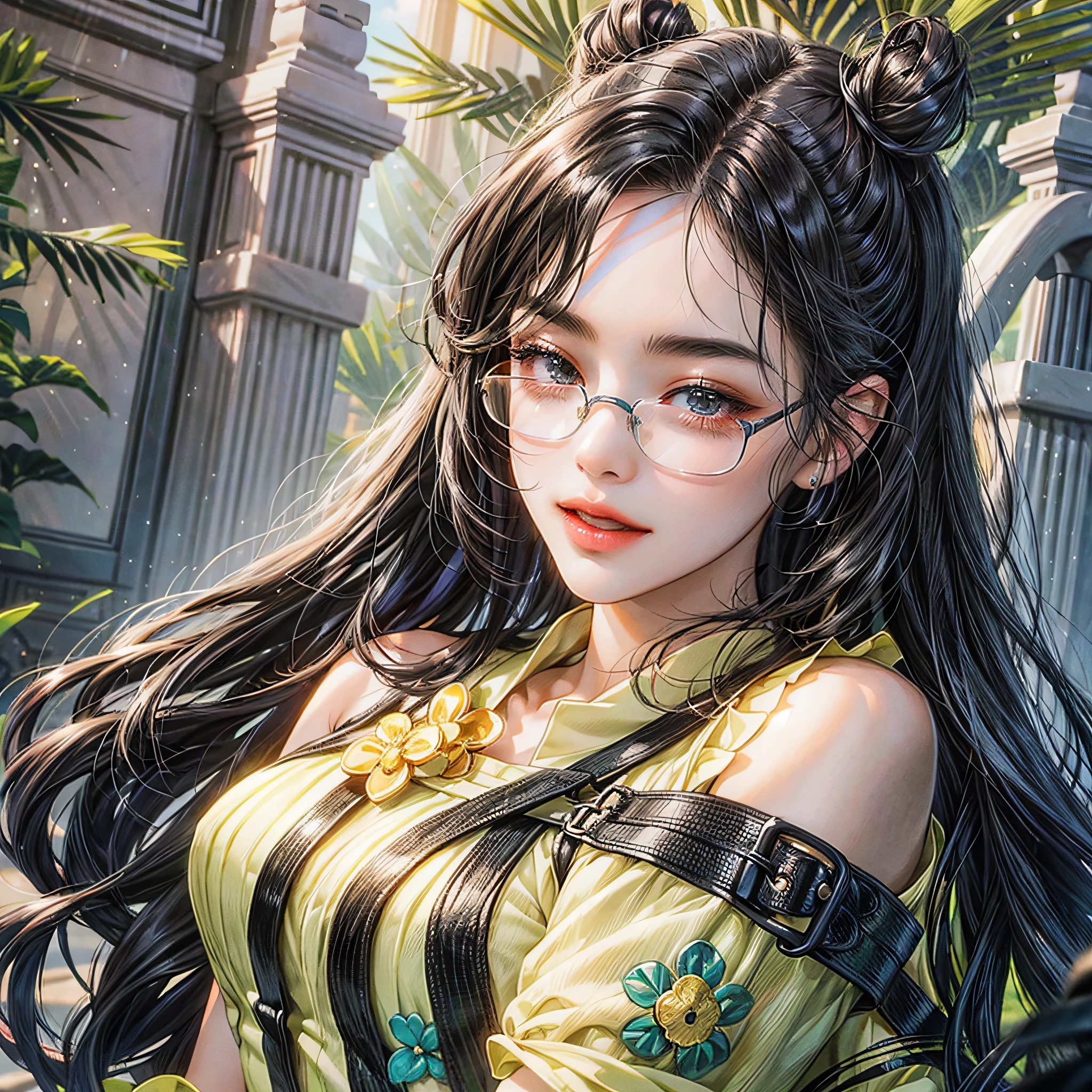 155cm, girly, black-framed glasses, beautiful, stunning, lively and cheerful, two-dimensional, anime, master-like skills, student, flat chest, small breast, black hair, long hair, human, Asian, dressed cute style, conservative