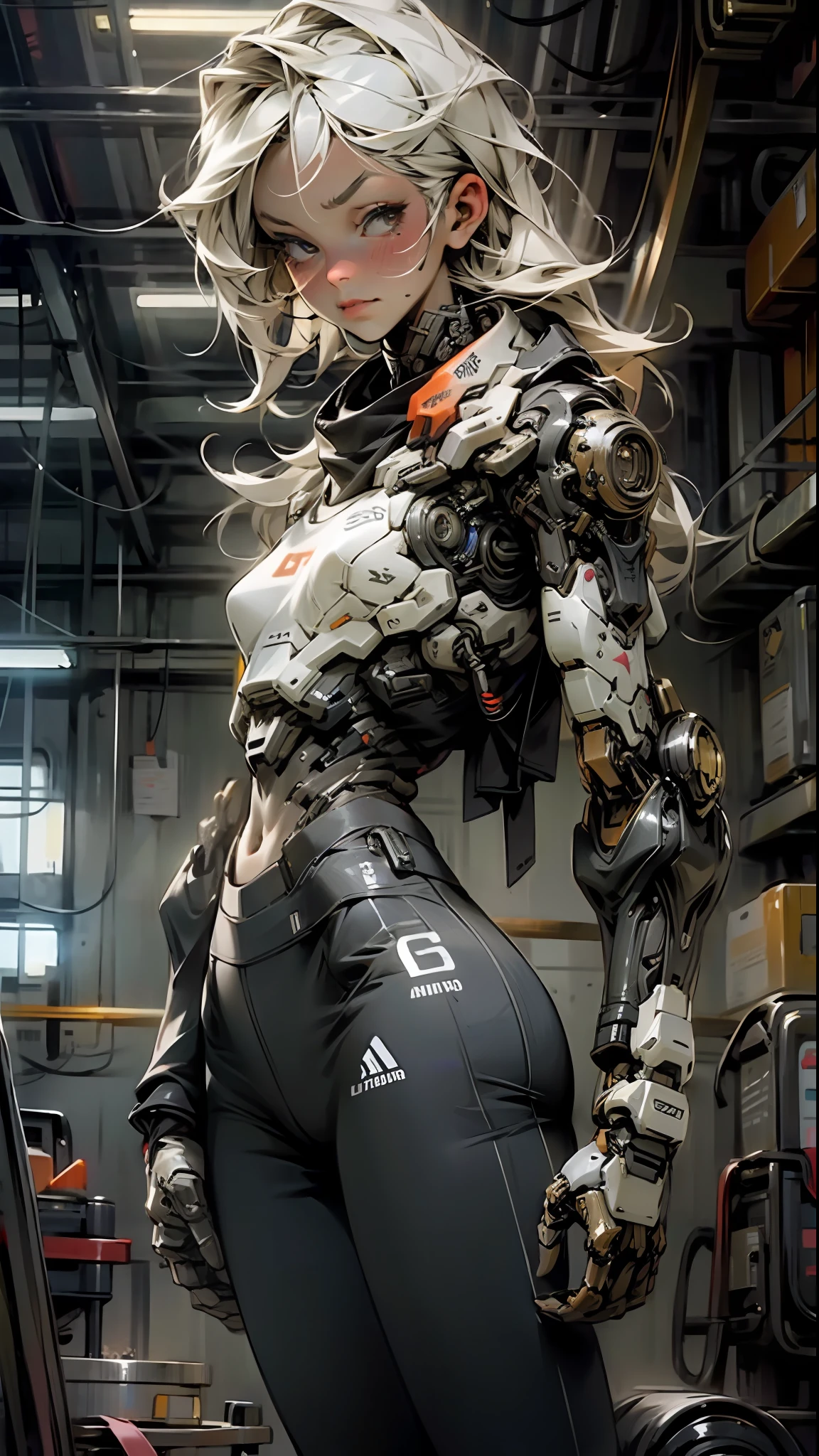Beautiful cybernetic girl looking at camera underwear detailed muscles realistic masterpiece
