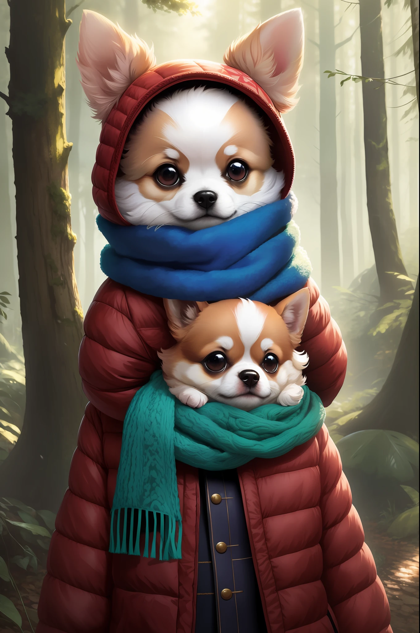 Style-NebMagic, Portrait of a round fluffy chihuahua DOG wearing a scarf made of Style-SylvaMagic in the sunny forest, by Ismail Inceoglu, Gazelli, James Jean, Anton Fadeev and Yoshitaka Amano, insanely detailed, 8k resolution, digital art, trends in fashion arts station, vibrant colors, chibi style, a masterpiece, adorable and friendly