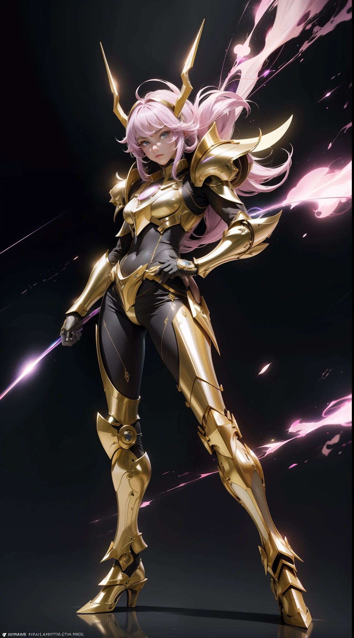 Cyberpunk style Capricorn armor Saint Seiya, shimmering rainbow white and gold space armor, aristocratic detail, full turso, full length, black background, full frame, epic pose, balance, harmony, strong, determined, skyscraper background, art, 8k, unrealistic engine style, detail, surreal, boca effect, shot in David LaChapelle's style, bioluminescent palette: lilac, pale pink, bright white, wide angle, super fine, cinematic still life, Vivid, no watermark