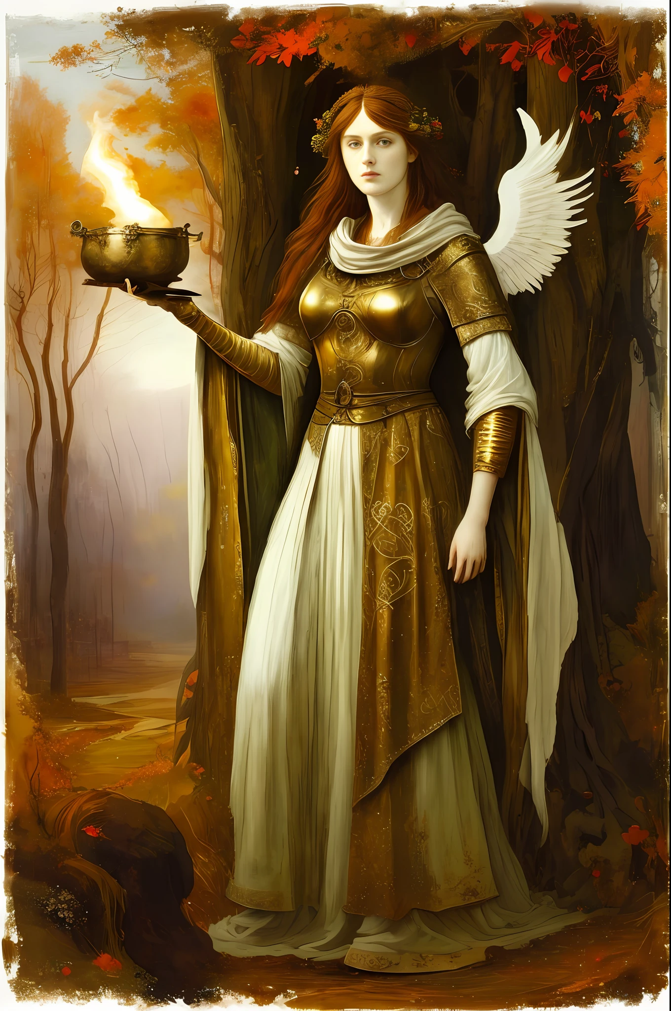 (((Pre-Raphaelite painting))) Druid, Celtic female druid in white clothing makes a libation in the fire, , Celtic, holds a golden sword in one hand, on his head golden helmet with iron wings on the helmet, golden and autumnal tones, sunset.