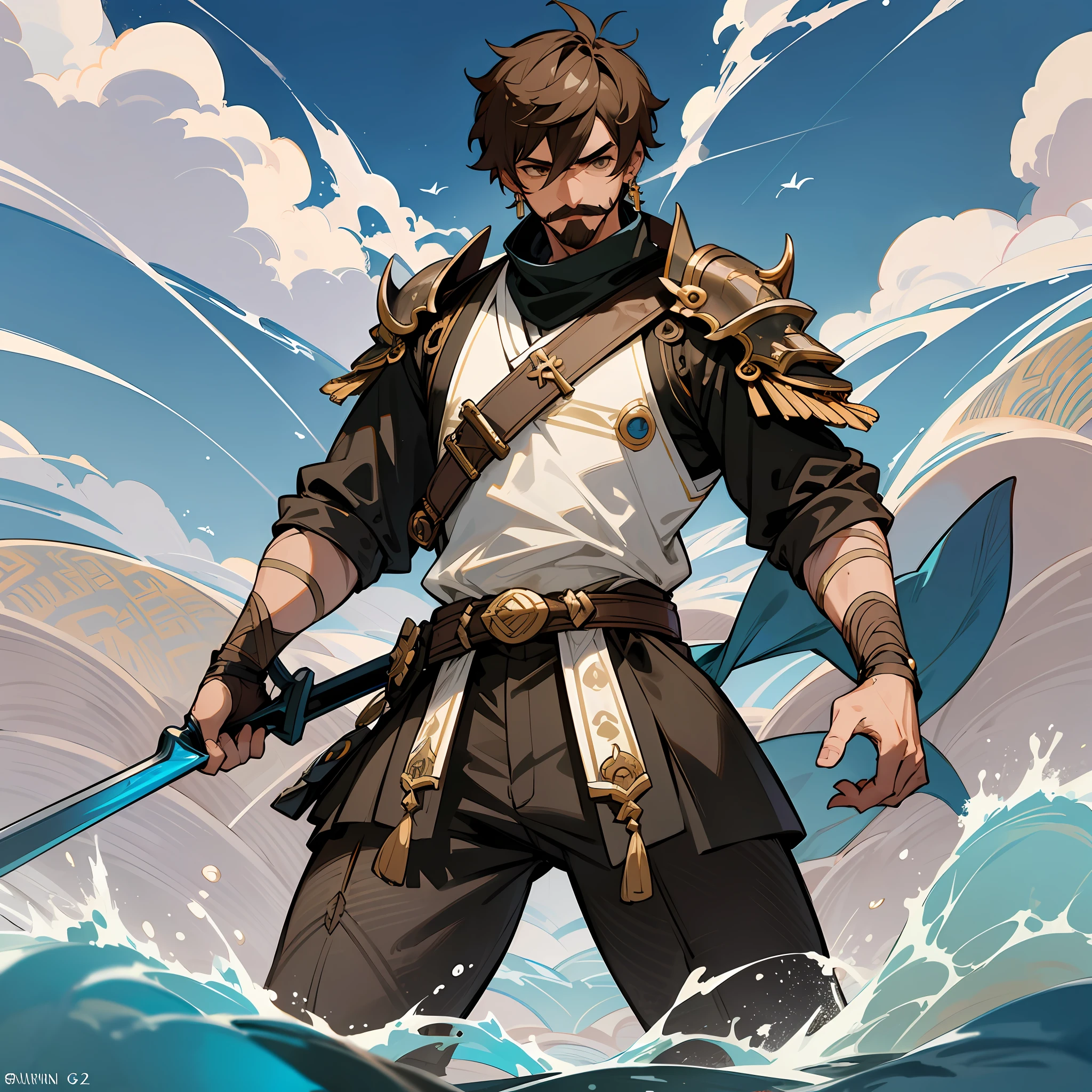 (Genshin Impact Style) Latin boy with light brown skin, very short hair and small earrings ring in the ears, thick mustache and thin beard. Wearing assassin warrior clothes, holding a large spear. In a huge lake with Blades made of water in the background, and some sharks made of water. --auto --s2