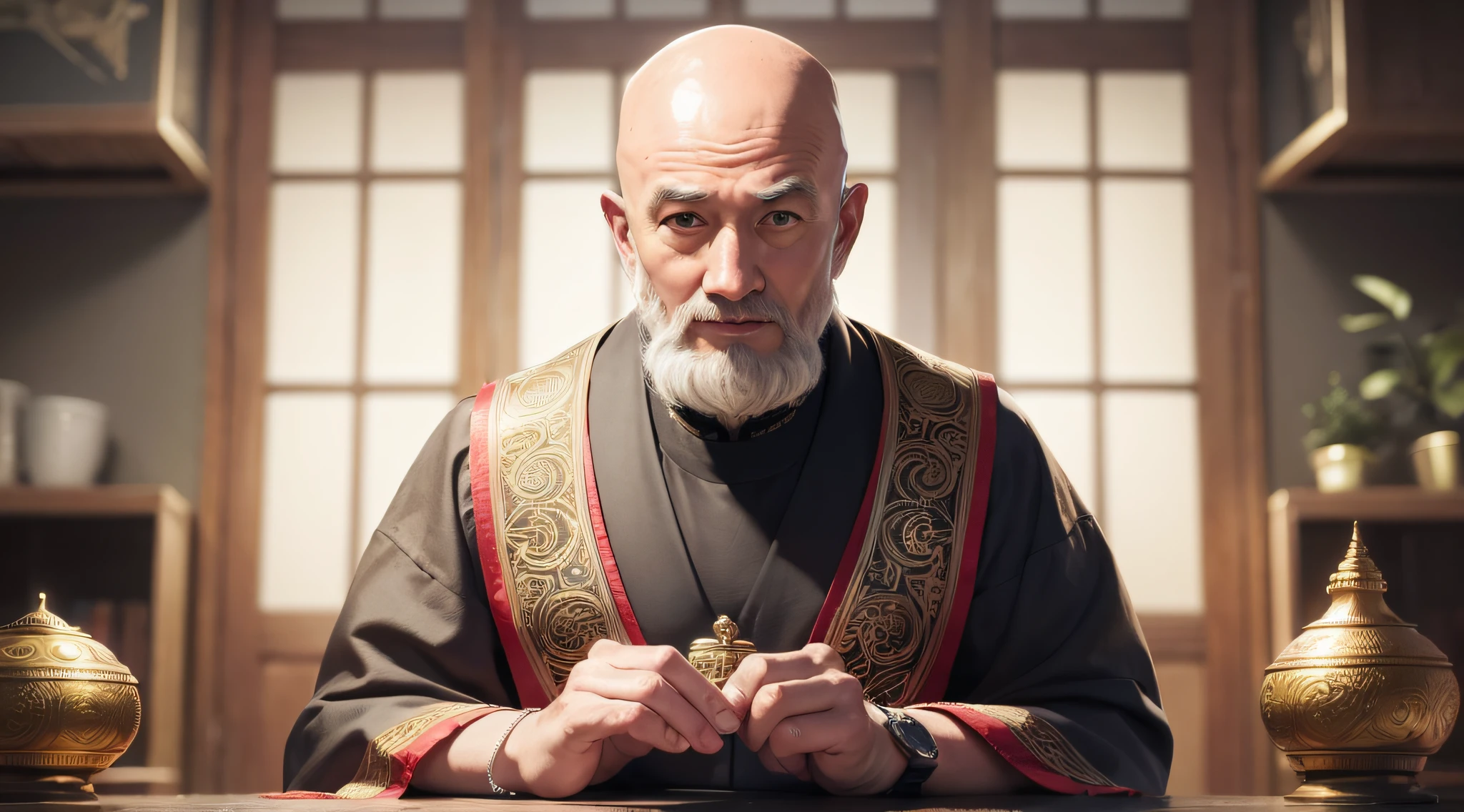 Masterpiece, best quality, (8k very detailed CG unit wallpaper) (best quality), (best illustration), (best shading)man, Buddhist with 30 years, bald, no beard, looking forward --auto --s2