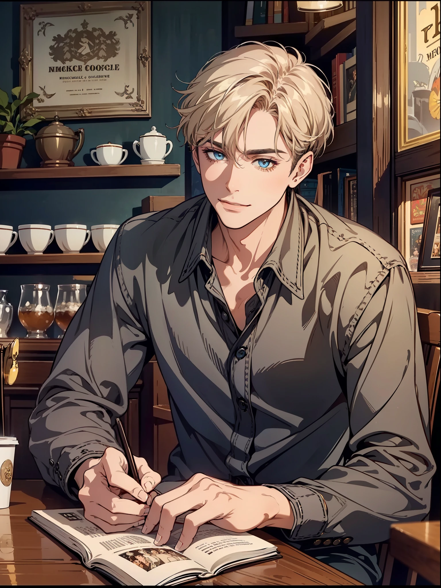 (1man), solo, beautiful detailed eyes, {{{masterpiece}}}, {{{best quality}}}, {{ultra-detailed}}, {illustration}, cinematic angle, {beautiful detailed eyes}, {detailed light},cinematic lighting, handsome man, very short hair. A man smiling and wearing casual clothes, sitting at a wooden table in a cozy corner of a coffee shop, reading a book, a cup of black coffee beside him, as the world outside rushes by, in a vintage-inspired cafe with antique furniture and soft lighting, creating an atmosphere of nostalgia and quiet reflection, perfect hands, (magazine cover:1.4),