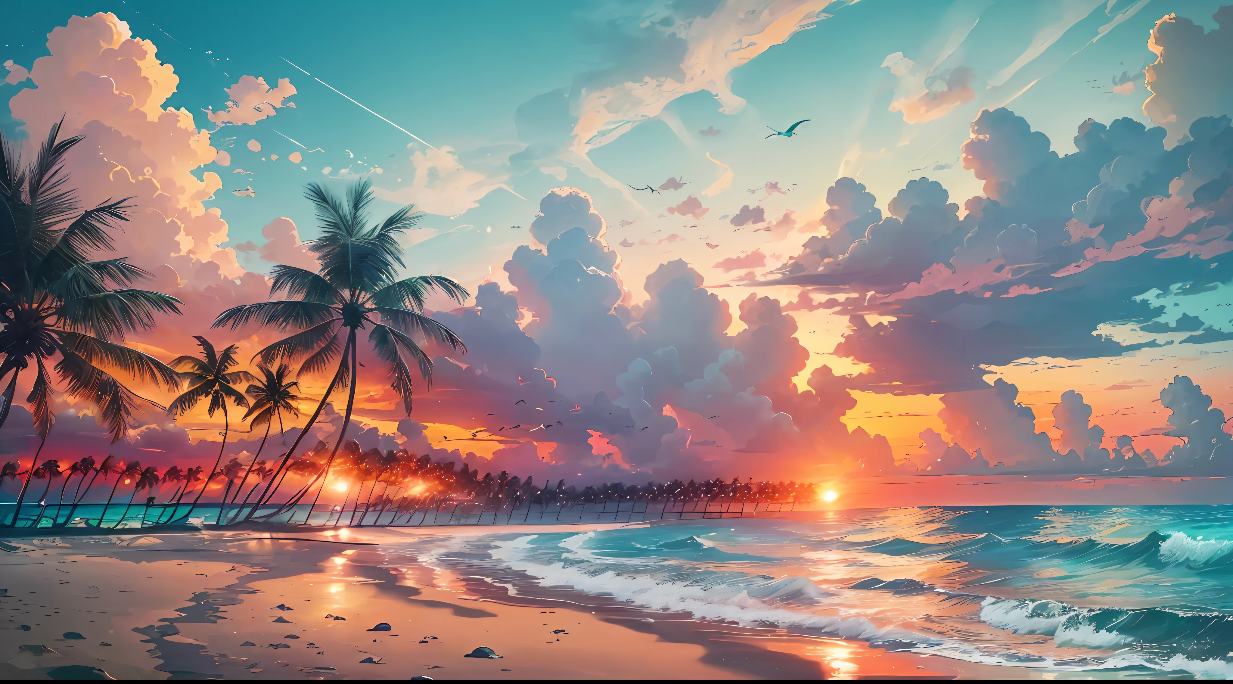 An absolutely mesmerizing sunset over an unspoiled beach, with a mix of oranges, pinks and yellows filling the sky. The crystal clear waters of the sea gently kiss the shore, with a white sandy beach stretching far and wide. The scene is dynamic and breathtaking, with seagulls flying high in the sky and palm trees gently swaying. Enjoy the relaxing atmosphere and let the peace flood you. --auto --s2
