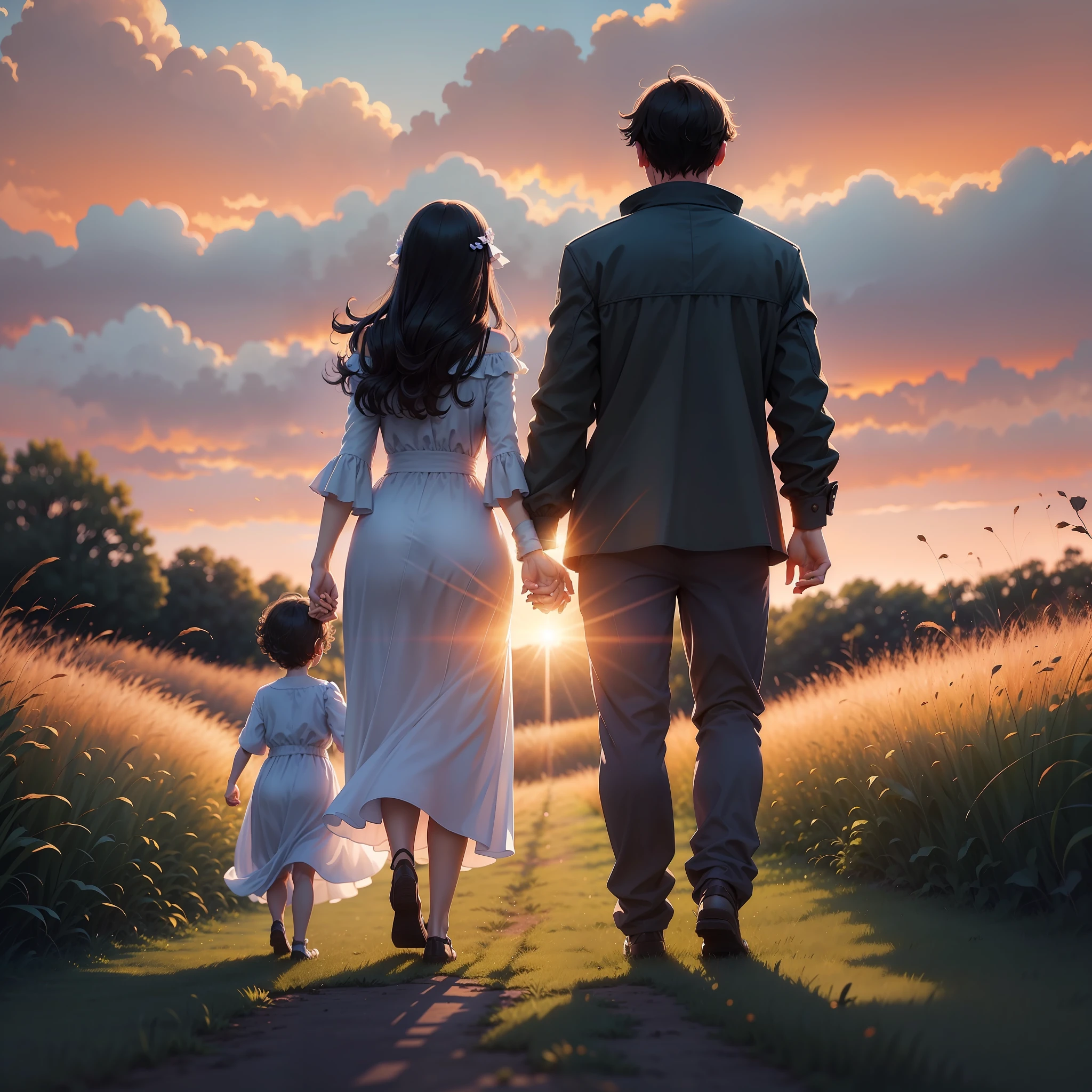 silhouette of a family walking in a field at sunset, lonely family, at sunset, walking together, happy family, at the sunset, family friendly, end of the day, taken in 2 0 2 0, comforting and familiar, dusk setting, people walking into the horizon, absolutely outstanding image, in the sunset, at sunrise, with vibrant sky, going forward to the sunset