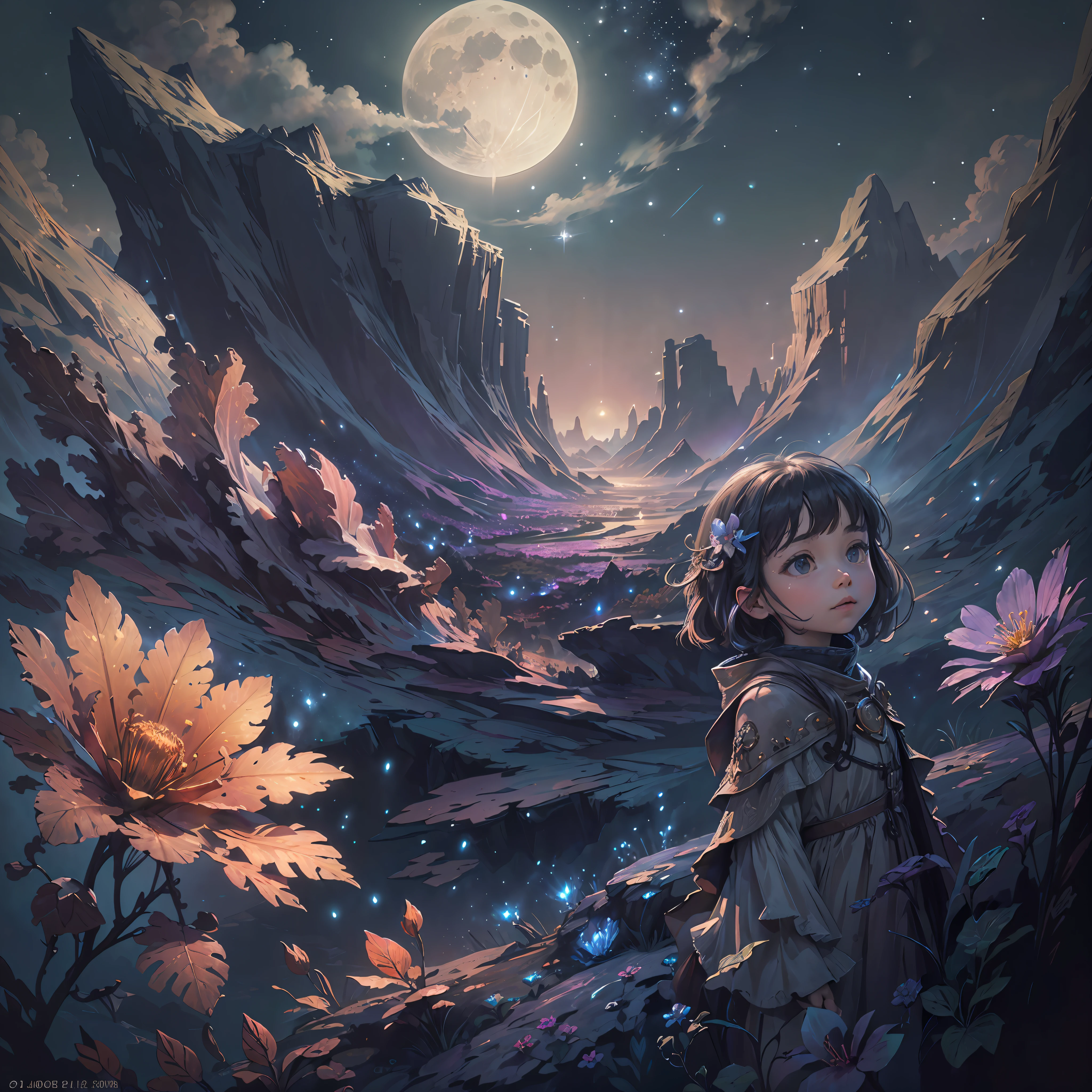 Expansive landscape photograph, (view from below with a view of the sky and wilderness below),  girl standing in a flower field looking up, (full moon: 1.2), (shooting star: 0.9), (nebula: 1.3), distant mountain, tree break production art, (warm light source: 1.2), (firefly: 1.2), lamp, purple and orange, intricate detail, volume lighting, realism break (masterpiece: 1.2) (Best Quality), 4K, Ultra-Detailed, (Dynamic Configuration: 1.4), Highly Detailed and Colorful Details, (Iridescent Colors: 1.2), (Glowing Lighting, Atmospheric Lighting), Dreamy, Magical, (Solo: 1.2) --auto --s2