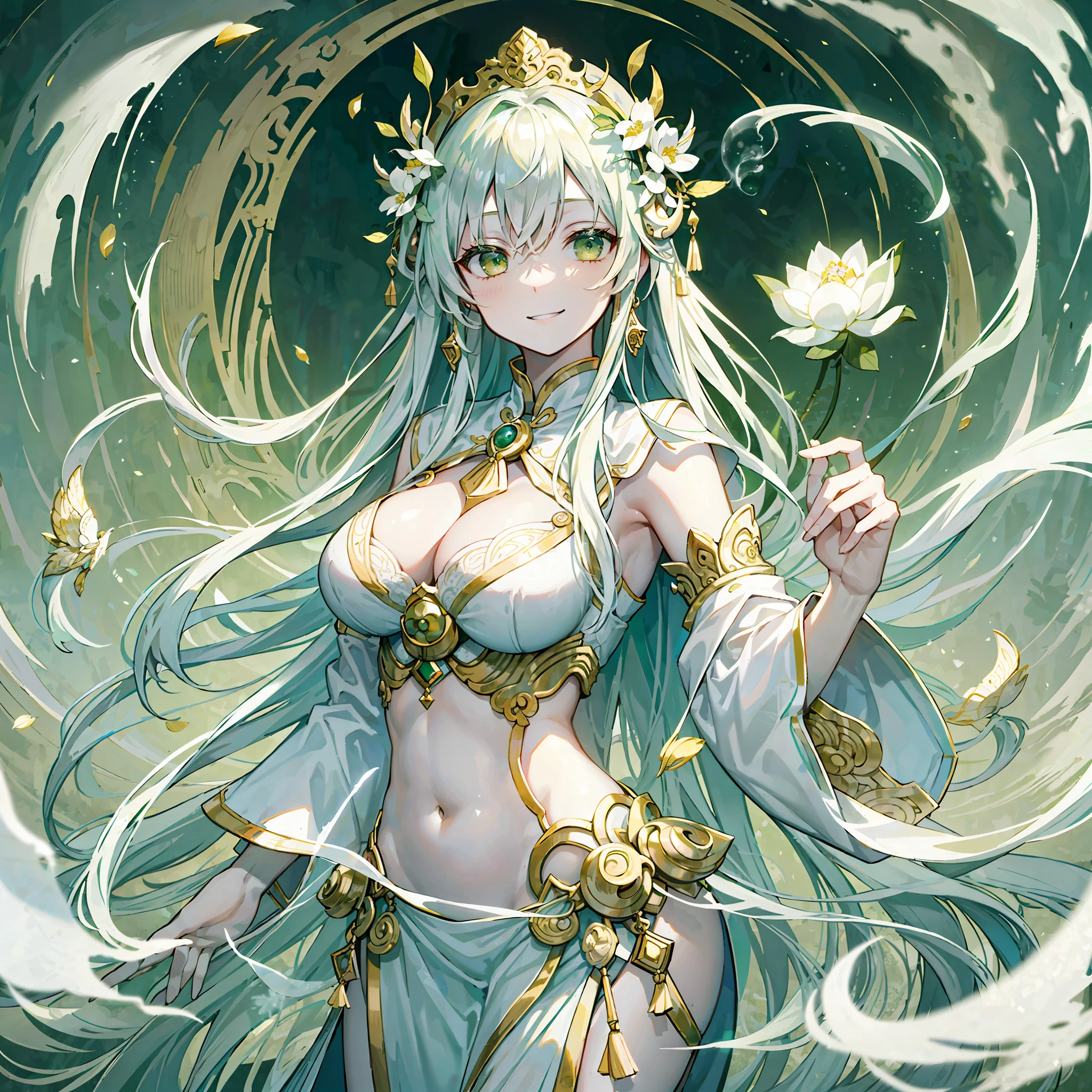 best quality, masterpiece, dreamy, serene, white and green, half body, standing, Guanyin, priestess, ancient, eastern fantasy, smiling, elegant, boobs, cleavage, lotus, fog, dry ice, ornate background, showing compassion, peaceful, divine, mystical, mythical, ethereal, main palate is white and green, pure and harmonious