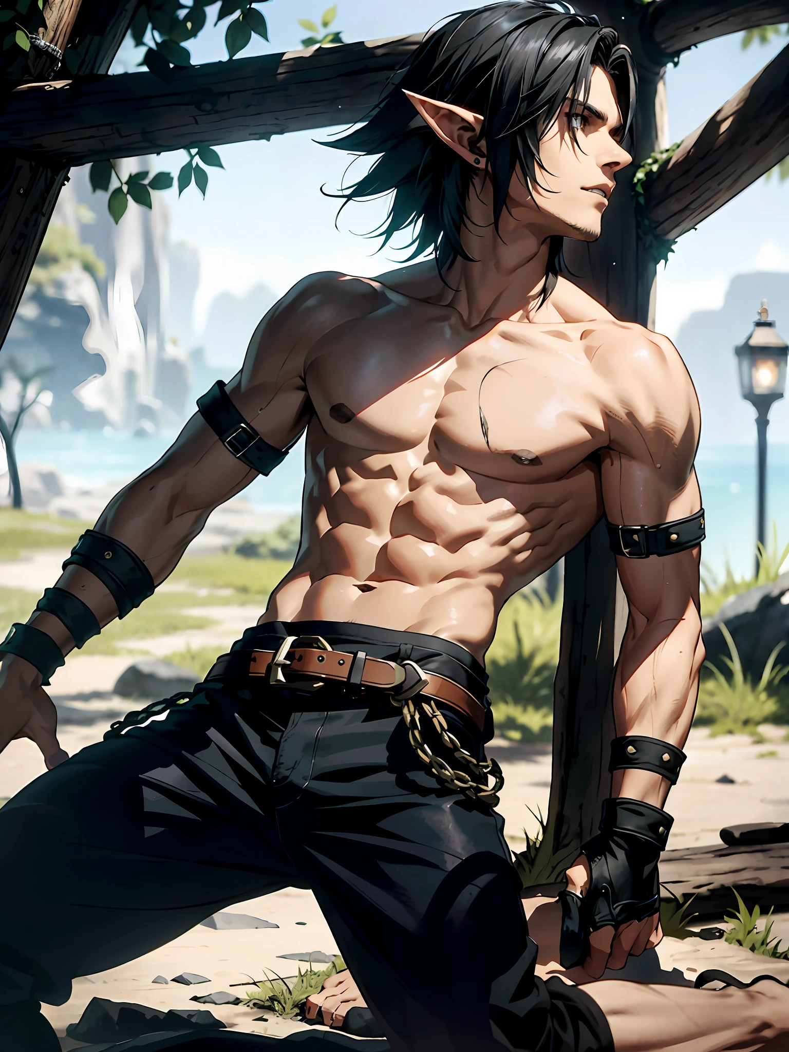 (Solo 1man) 1 male elf (pointed ears) messy shaggy black hair, the main protagonist of Final Fantasy XVI, high rez, 8k, beautiful composition, ultra detailed, twink, lithe slender build, sexy young man, shirtless, brown pants, alluring pose, sexual pose, slave boy, chained up