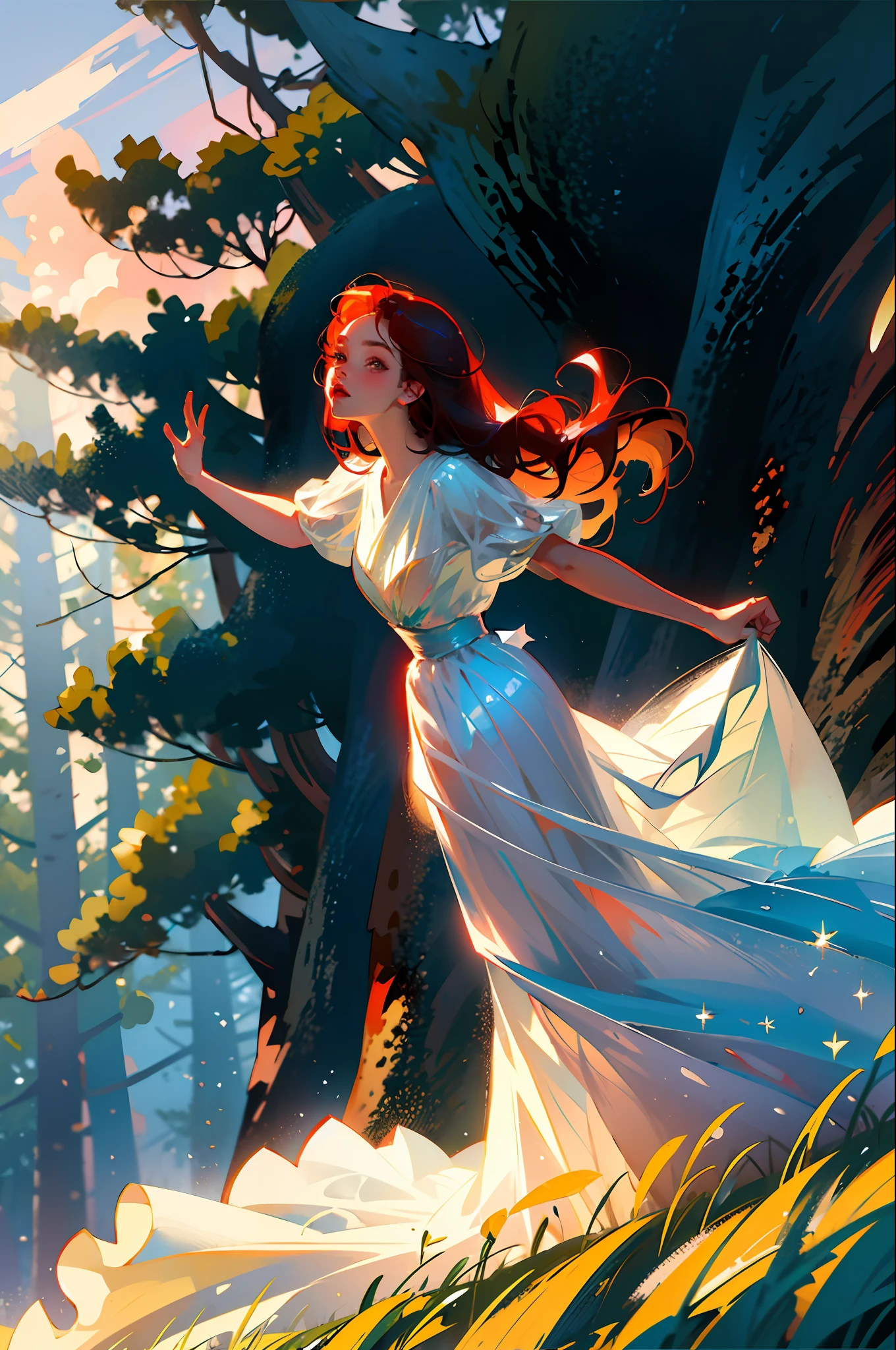 (masterpiece, best quality), blurred foreground, (better lighting, better shadow, an extremely delicate and beautiful), (emphasis on the face), dynamic lighting, (dramatic pose), (volumetric light), (forest in the background), (red hair:1.3, white clothes:0.9), (image dimensions 2560px by 2560px)