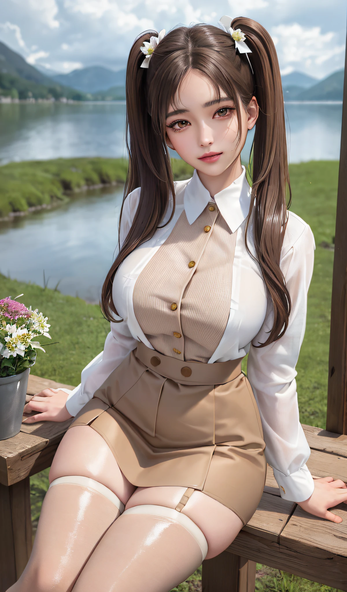 RAW, 1girl, pure eros face, solo, colorful, (masterpiece, best quality: 1.3), (absurdity: 1.3), (realistic: 1.3), (detailed skin: 1.3, detailed face: 1.3), sitting, beautiful face, beautiful eyes, looking at the audience, sharp focus, delicate, (beautiful cute_girl:1.3), curvy, (room, narrow: 1.1, thick thigh: 1.2, ), long eyelashes, (shiny skin), light smile, (brown_twintails:1.3), (big_eyes:1.2, brown_eyes), (brown_gloss_eyeshadow:1.2), pink_lips, yellow vest with belly button, beige_suspender skirt / black_pantyhose, willow, wooden stool, flower, grass, lake, (cloudy sky:1.3), (rain: 1),