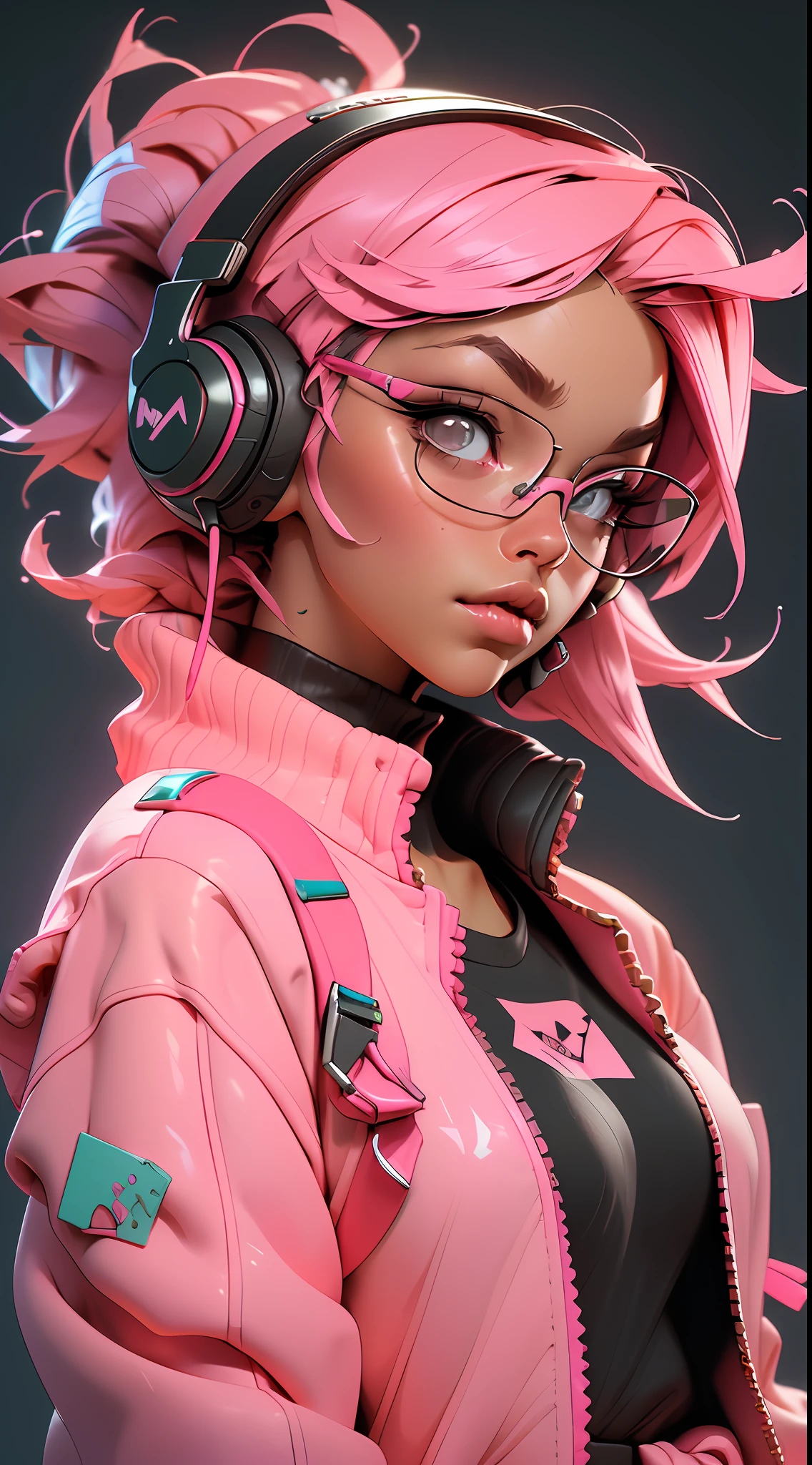 ((Best quality)), ((masterpiece)), ((realistic)) and ultra-detailed photography of a 1nerdy girl with neon headphones. She has ((pink hair)), is wearing an orange techwear jacket, and exudes a ((beautiful and aesthetic)) vibe.