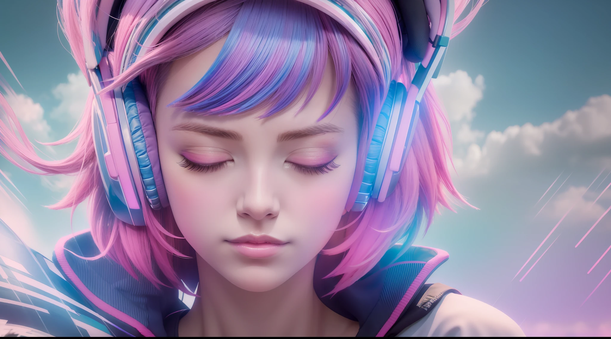 Woman with peace sense headset, closed eyes, beautiful face, RGB colors, anime pink hair, banner for youtube video, happy girl, clouds with RGB colors., bright RGB colors.