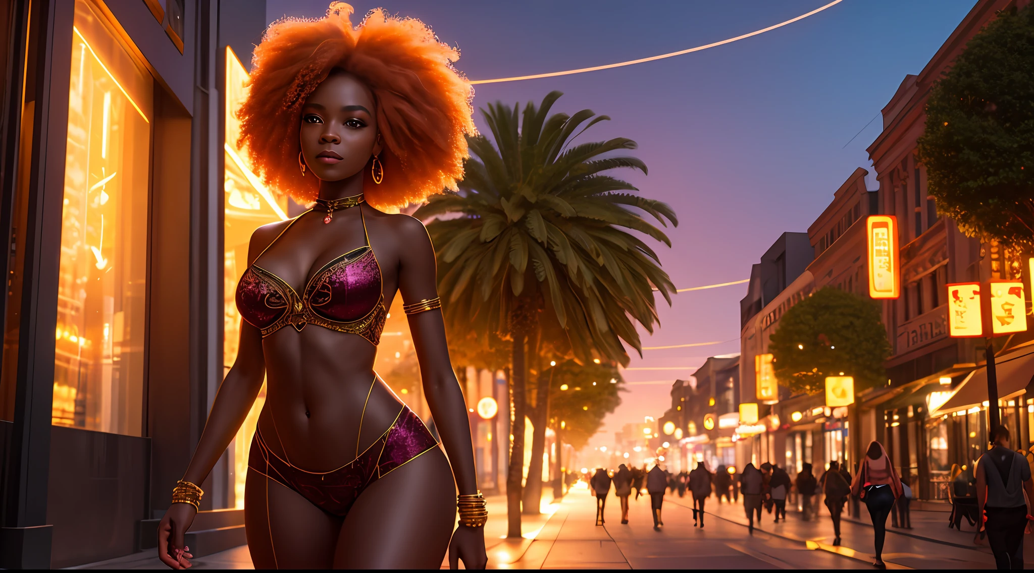 professional photo, full length body shot of a young ebony woman wondering around large city, wearing skimpy uptight silk mesh pink-orange lingerie, hyperrealistic, hyper realistic, glitter, intricate details, ultra detailed, insane details, 8k, octane render, unreal engine 5.2, global illumination, luminism, maximalism, thick thighs, orange curly hair