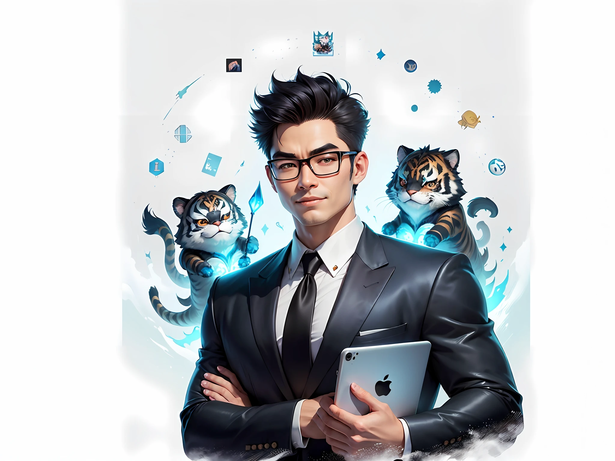 (Masterpiece), (Extreme Quality), (Super Meticulous), (Full Body: 1.2), Super Young Man, Chinese Dragon, Tiger, Wind God Thor, Sexy, Bursting, Oriental Face, TV Anchor, Bust Portrait Illustration, Black Formal Suit, Blue Tie, Slightly Chubby Face, Silver Glasses, Very Clean Face, No Beard on Chin, Black Super Short Hair, Black Eyes, Confident Smile, 3c Computer Sub-Products, iPad, iPhone, Digital Painting, 3D Character Design by Mark Claireden and Pixar and Hayao Miyazaki and Akira Toriyama, The illustration is a high-definition illustration in 4K resolution with very detailed facial features and cartoon-style visuals.