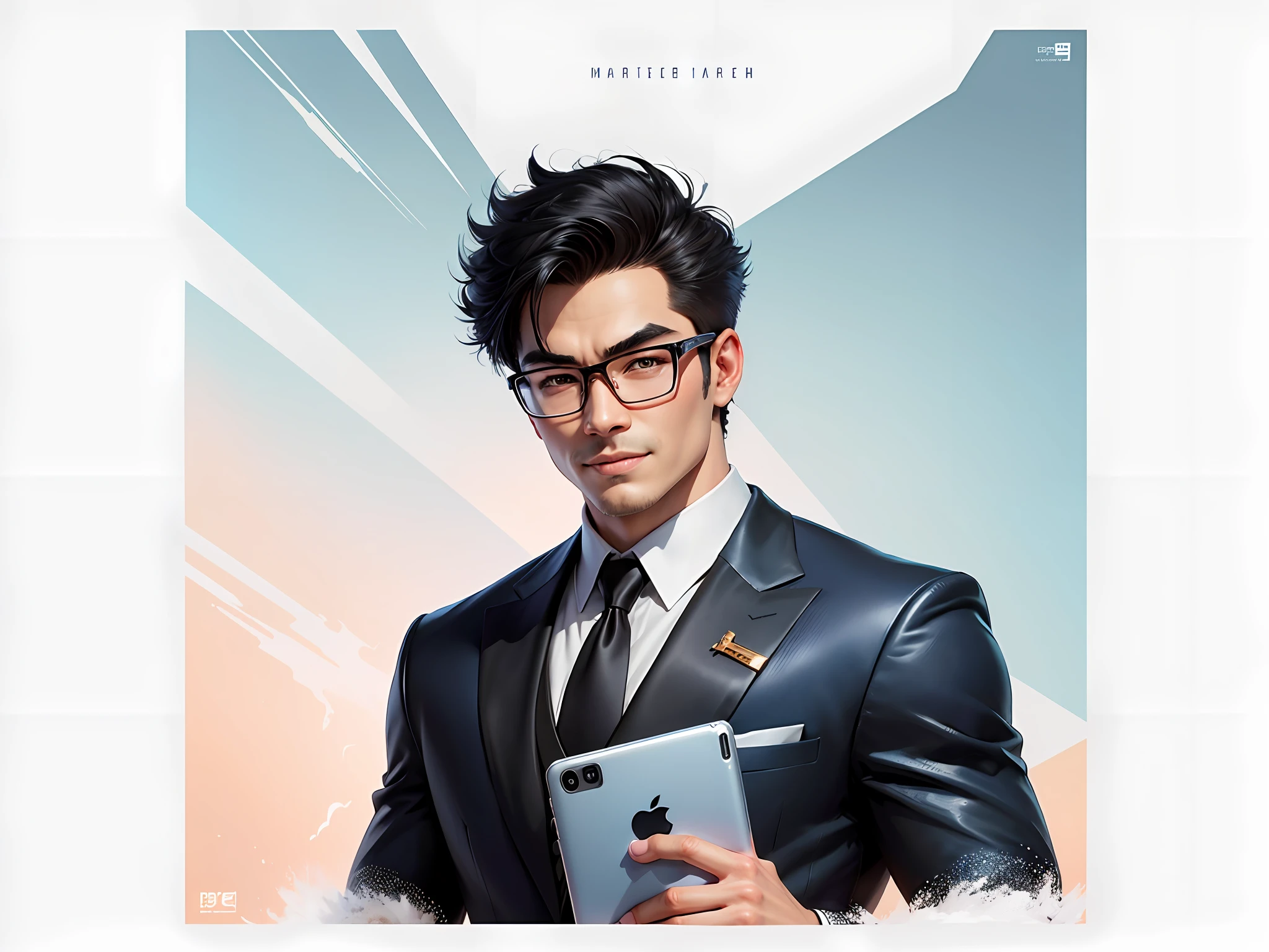 (Masterpiece), (Extreme Quality), (Super Meticulous), (Full Body: 1.2), Super Young Man, Chinese Dragon, Tiger, Wind God Thor, Sexy, Bursting, Oriental Face, TV Anchor, Bust Portrait Illustration, Black Formal Suit, Blue Tie, Slightly Chubby Face, Silver Glasses, Very Clean Face, No Beard on Chin, Black Super Short Hair, Black Eyes, Confident Smile, 3c Computer Sub-Products, iPad, iPhone, Digital Painting, 3D Character Design by Mark Claireden and Pixar and Hayao Miyazaki and Akira Toriyama, The illustration is a high-definition illustration in 4K resolution with very detailed facial features and cartoon-style visuals.