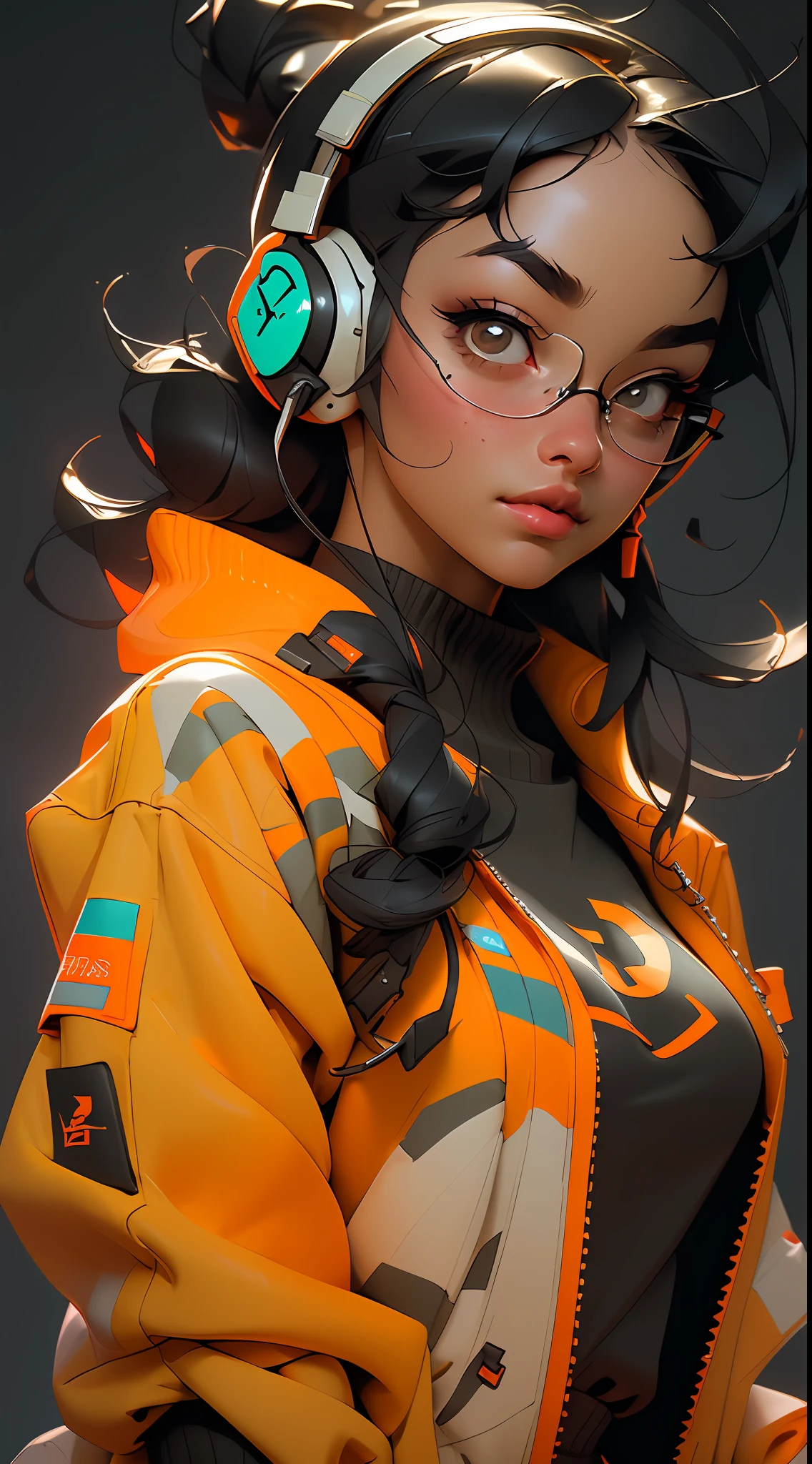 ((Best quality)), ((masterpiece)), ((realistic)) and ultra-detailed photography of a 1nerdy girl with neon headphones. She has ((black hair)), is wearing an orange techwear jacket, and exudes a ((beautiful and aesthetic)) vibe.