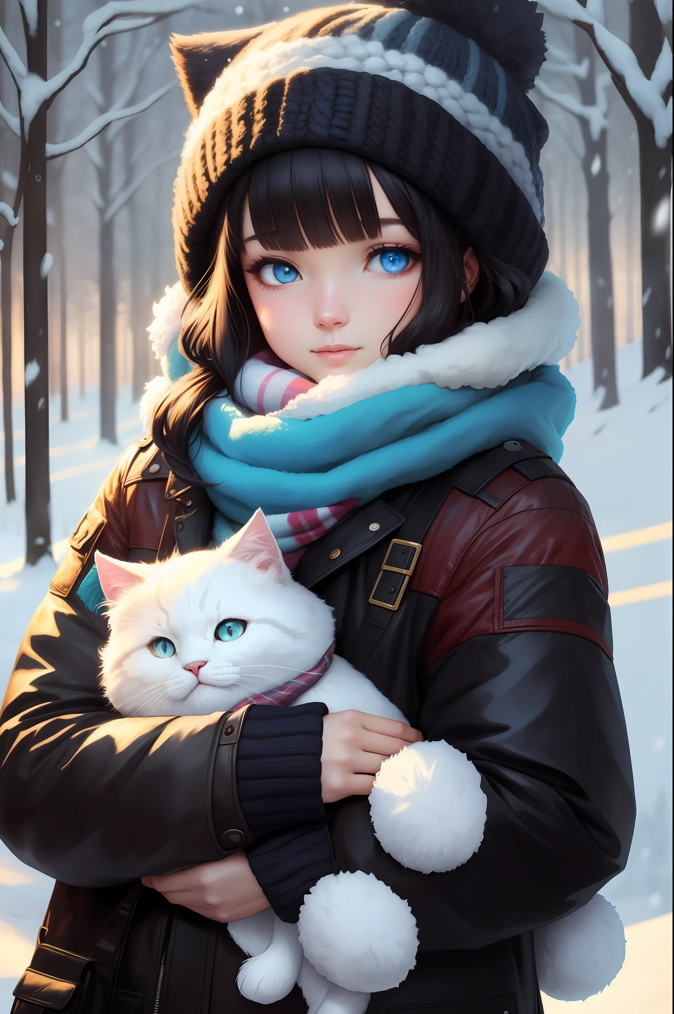 Style-NebMagic, Portrait of a fluffy, round baby cat with a scarf made of Style-SylvaMagic in the snow, by Ismail Inceoglu, Gazelli, James Jean, Anton Fadeev and Yoshitaka Amano, insanely detailed, 8k resolution, digital art, trends in season of arts, vibrant colors, chibi style, a masterpiece, adorable and friendly
