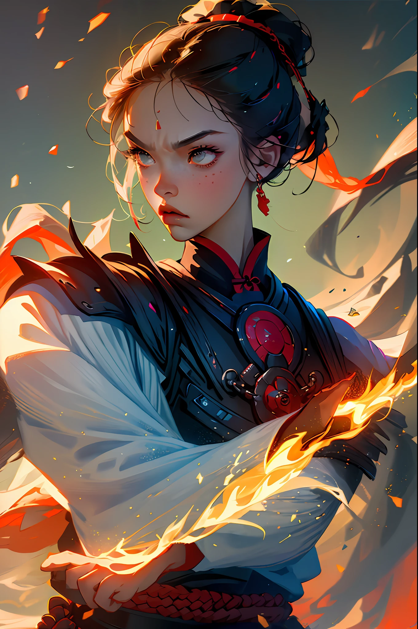 (best quality, masterpiece), 1girl, samurai, particle, wind, pose, upper body, imminent attack, angry, flame